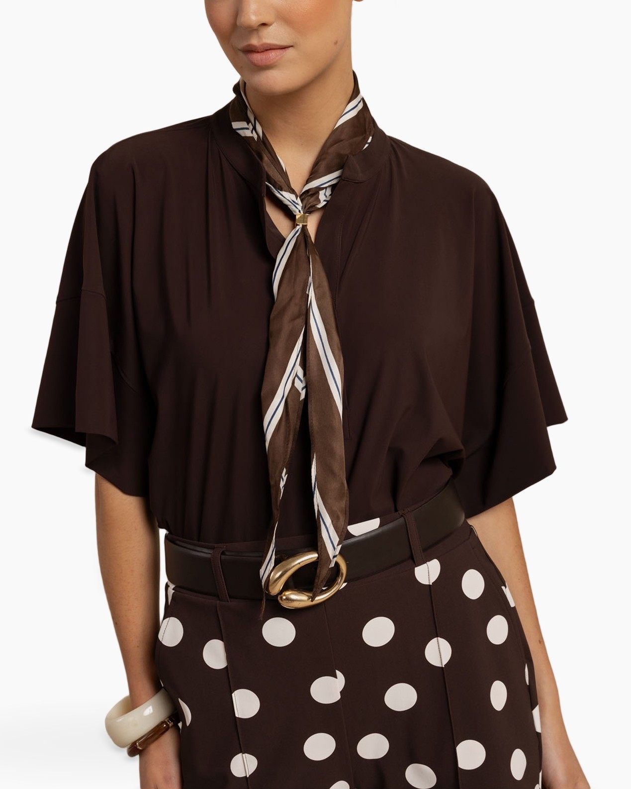 blouse, scarf, belt, polka dot skirt, brown