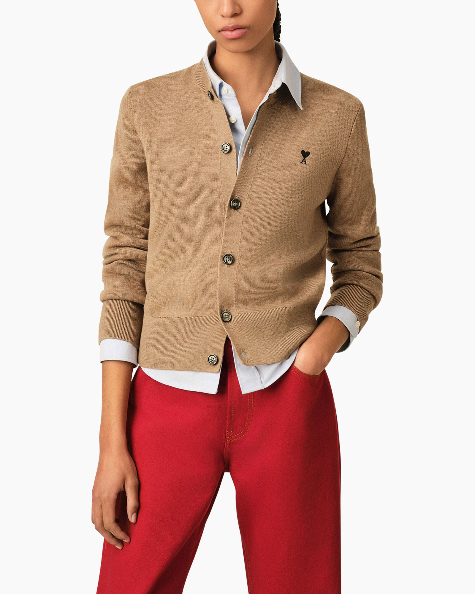 cardigan, button-up, beige, crewneck, heart logo