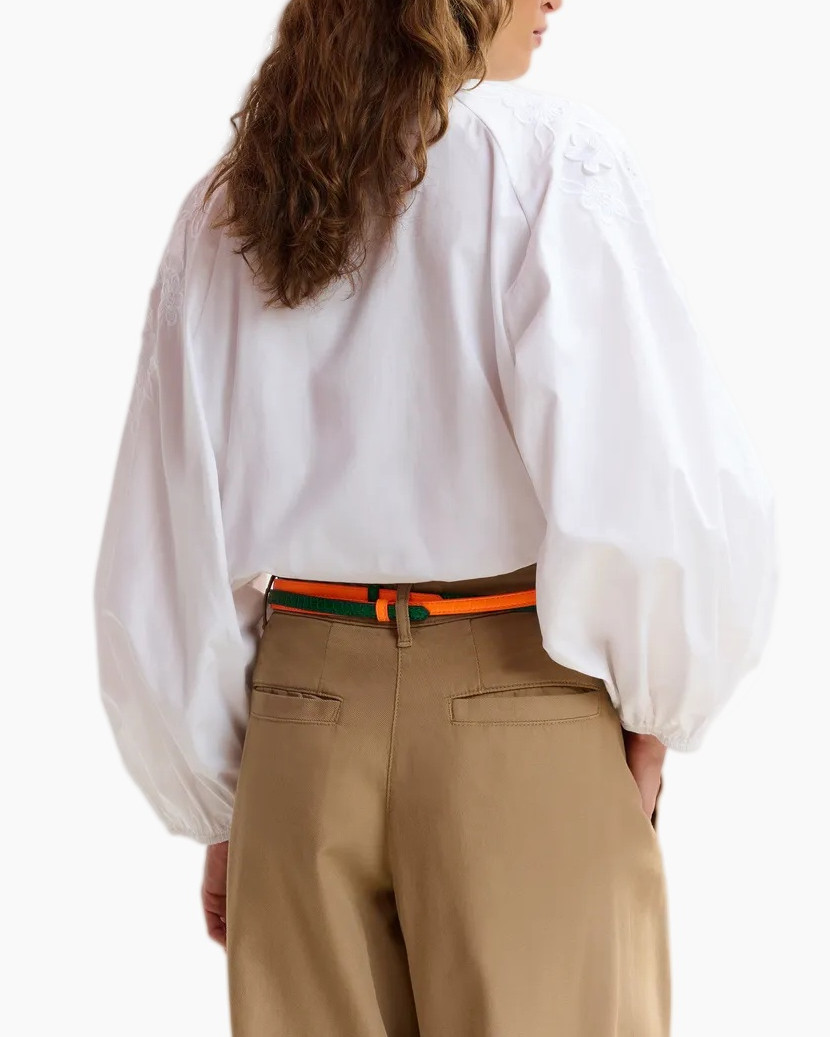 blouse, embroidery, white, puff-sleeve, pants