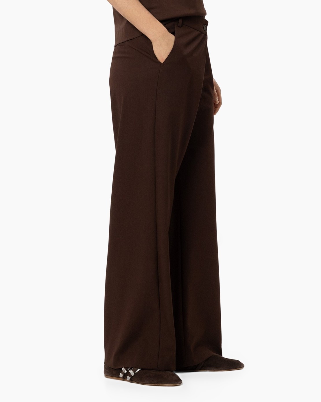 trousers, wide-leg, brown, full-length, flat?