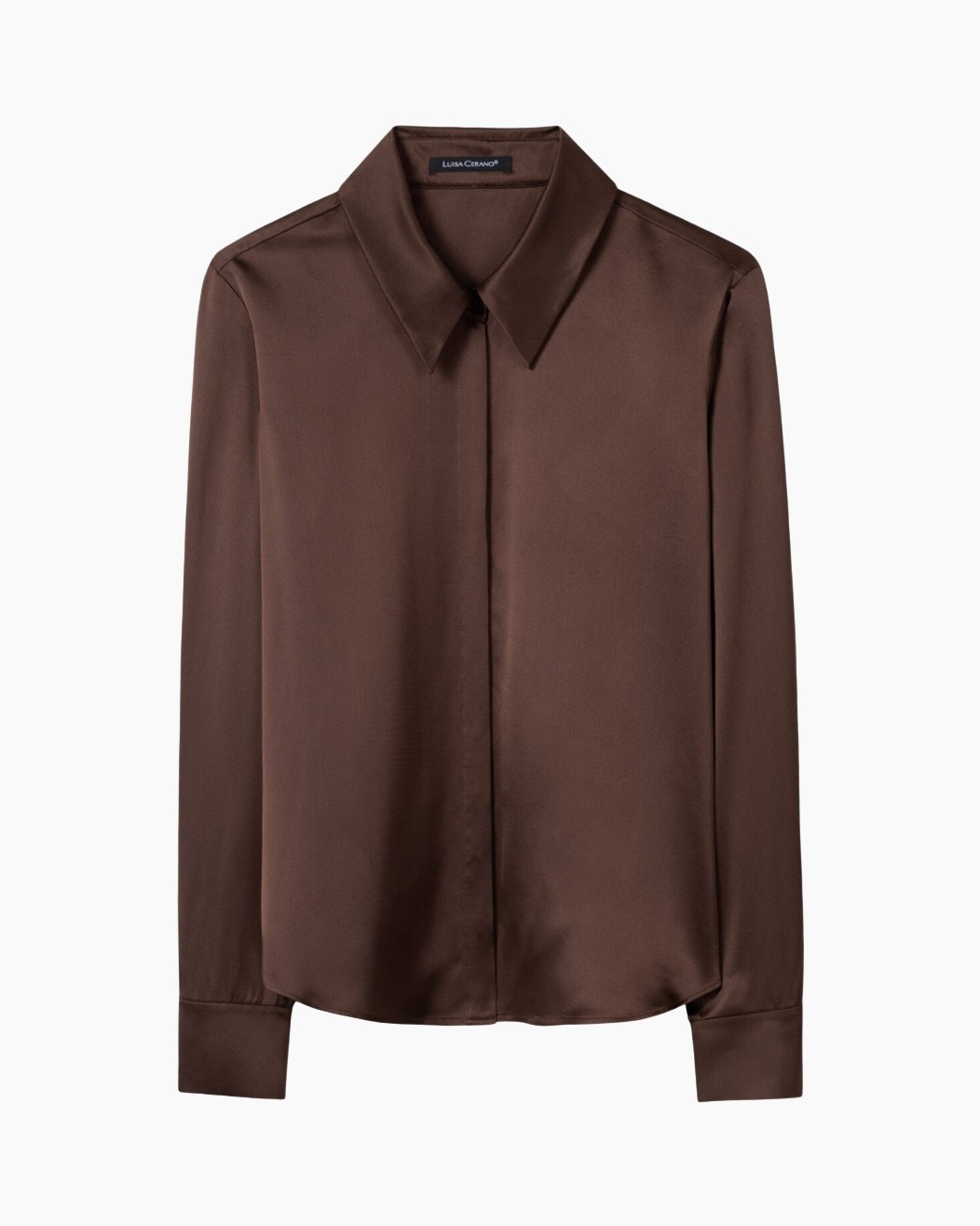 blouse, silk, brown, collared, long-sleeve