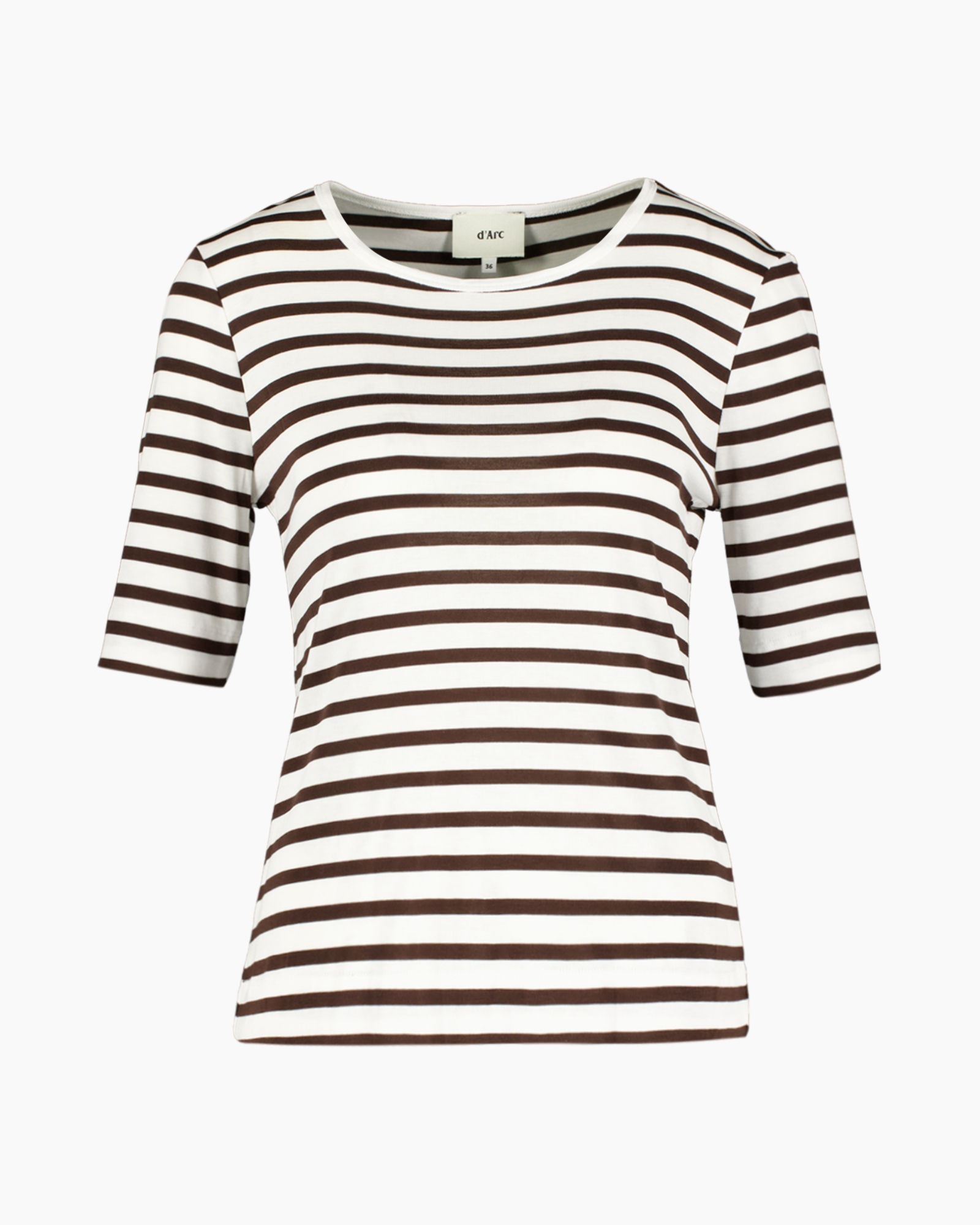 t-shirt, striped, short sleeve, brown white, crew neck
