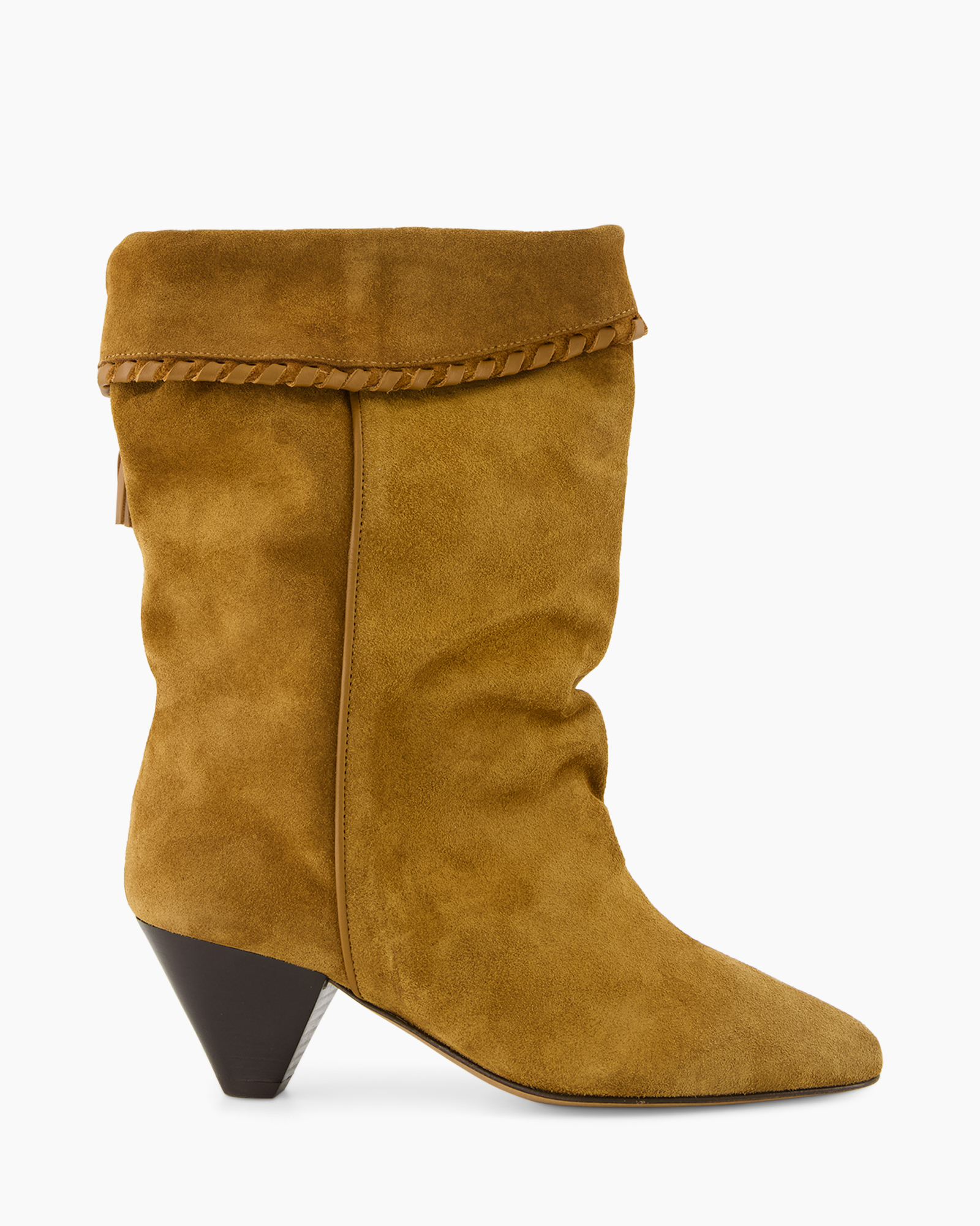 ankle boot, suede, crescent heel, brown, foldover cuff