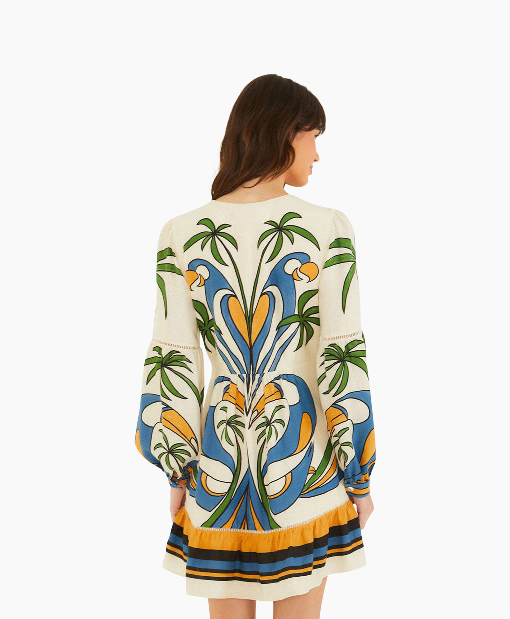 dress, long-sleeve, knit, pattern, palm-tree, tropical, multicolor