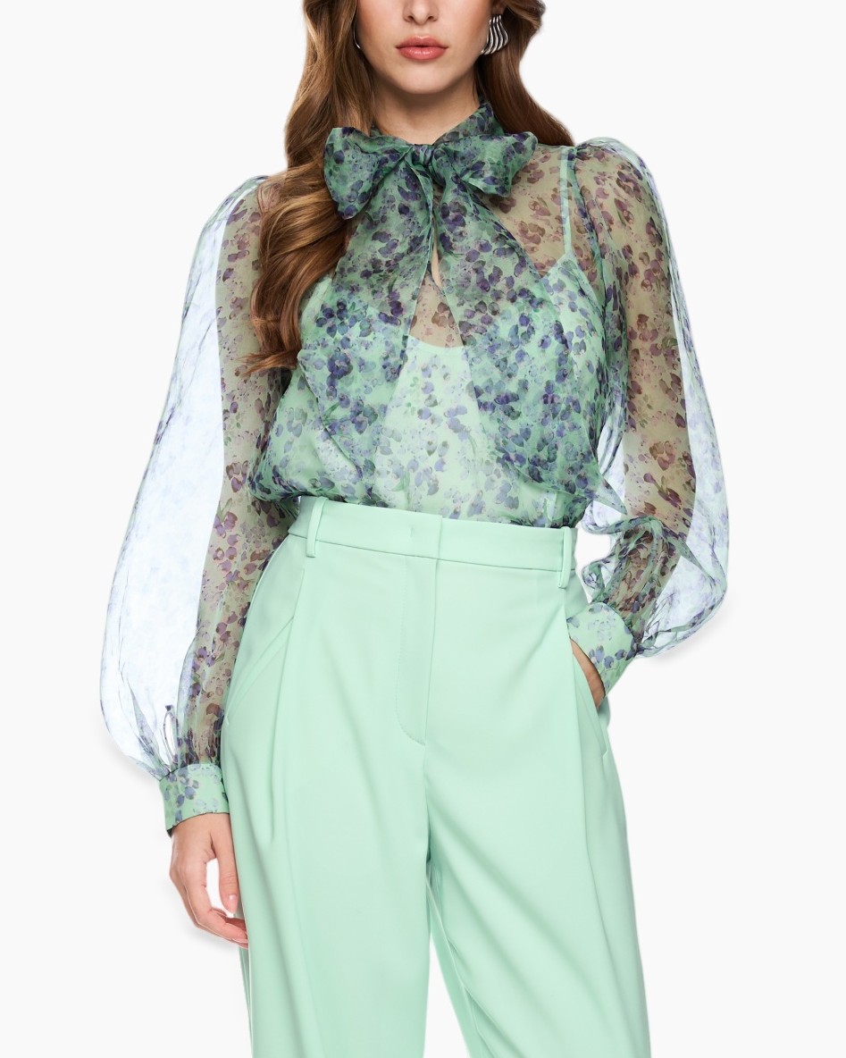 blouse, sheer, floral, green, bow neck