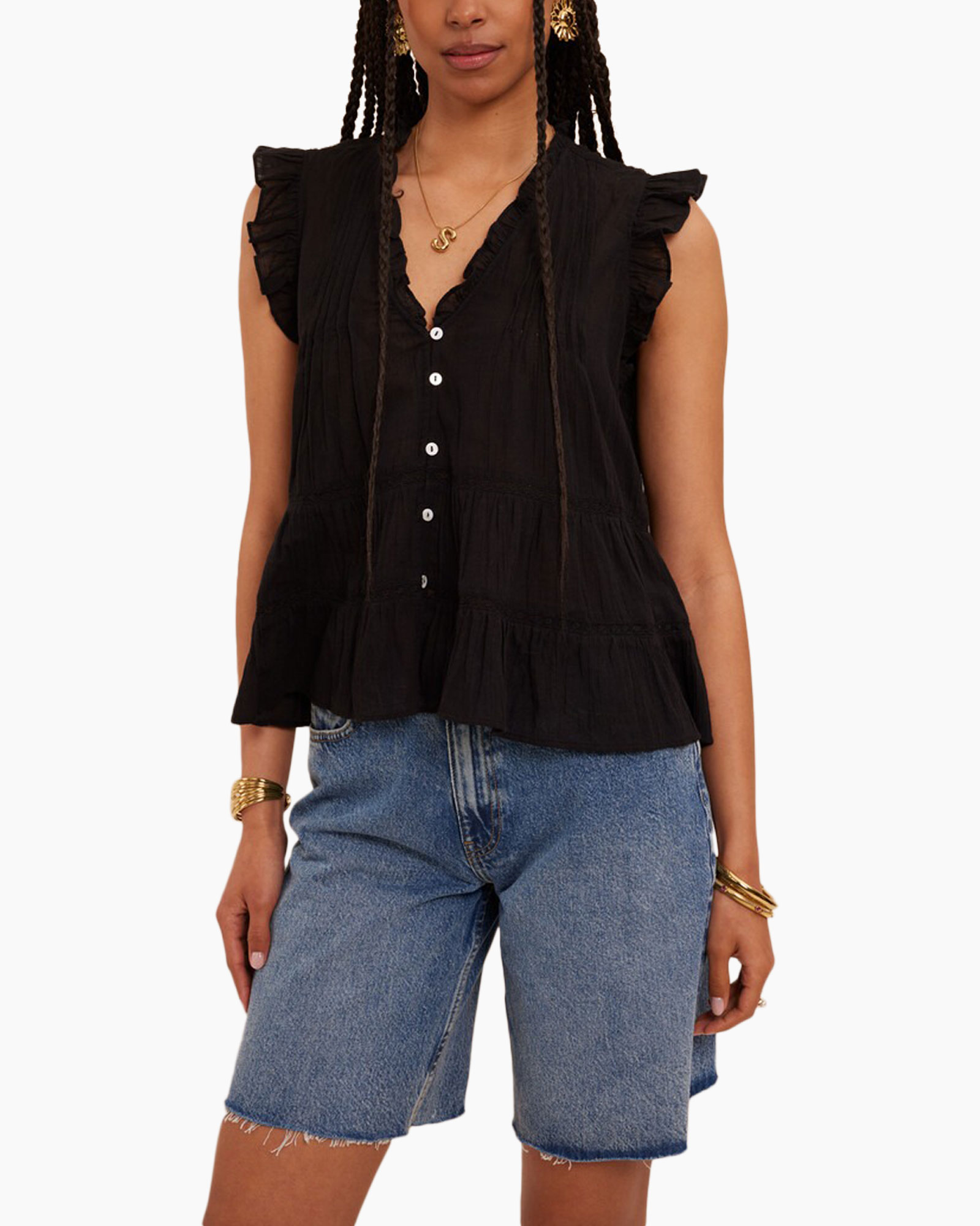 black top, button-down, ruffle sleeves, tiered hem, denim shorts