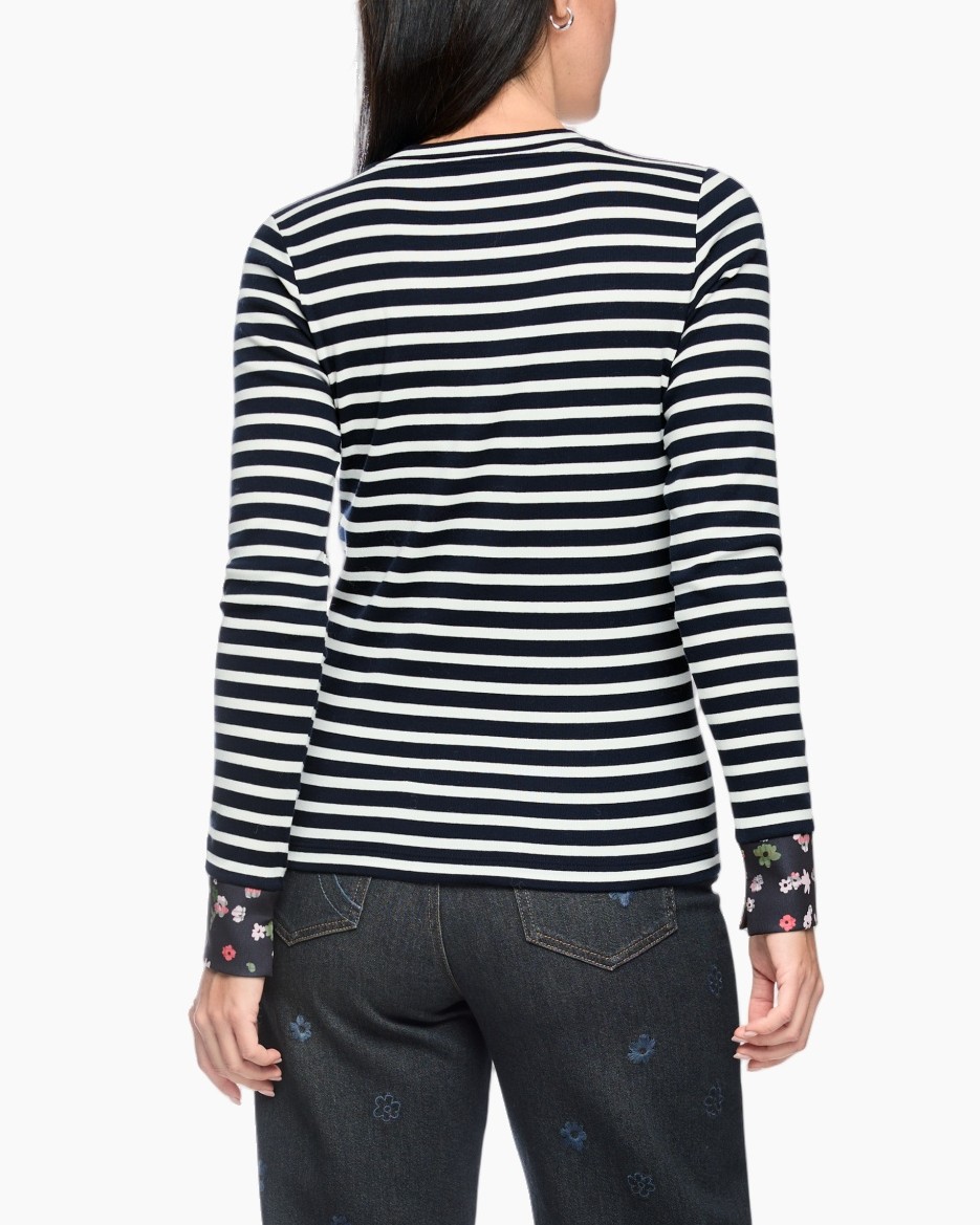 striped top, long sleeve, navy white, crew neck, cotton blend