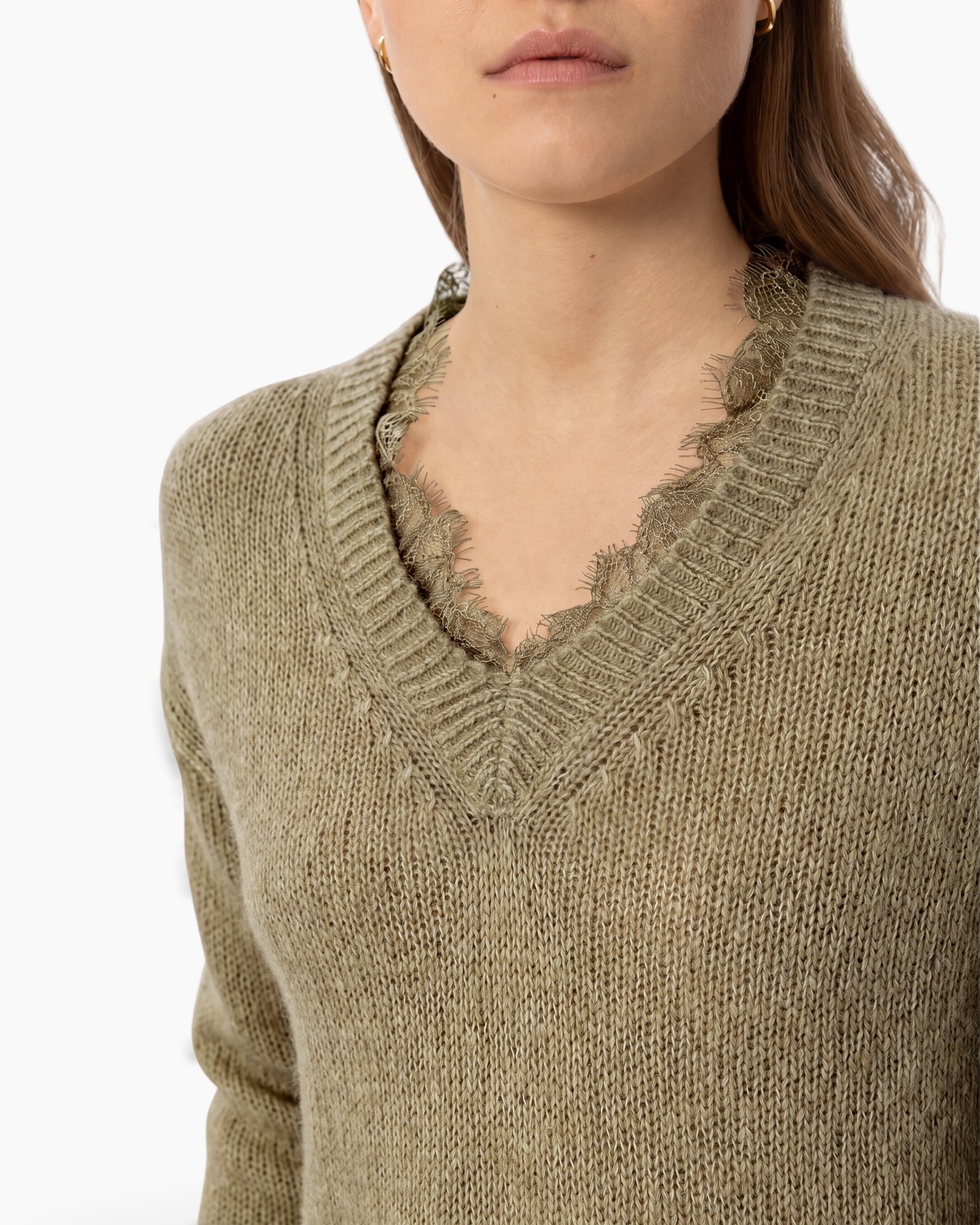 knitted sweater, v-neck, lace trim, beige, long-sleeve