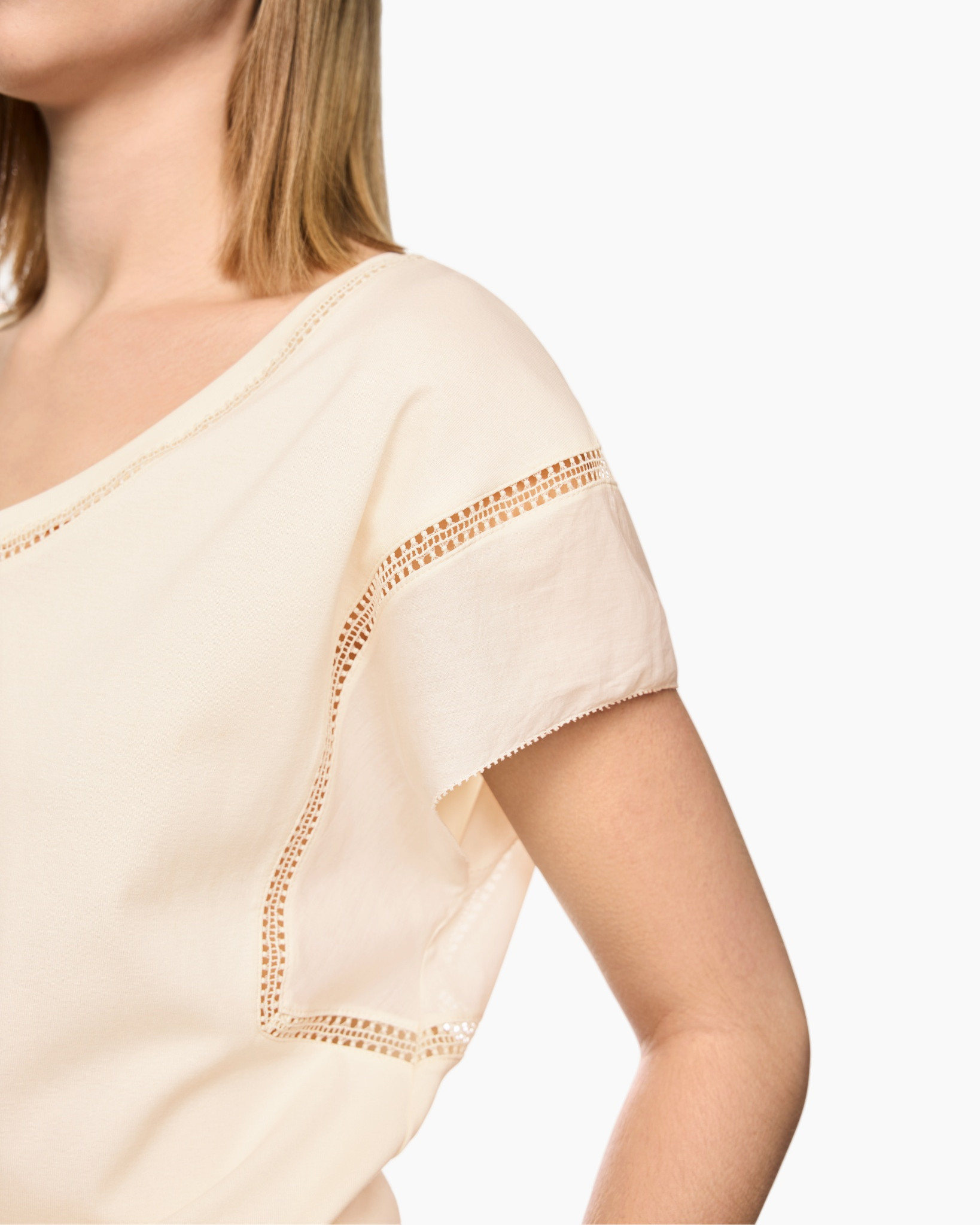 women's top, beige blouse, lace trim, short sleeve, cinched edge