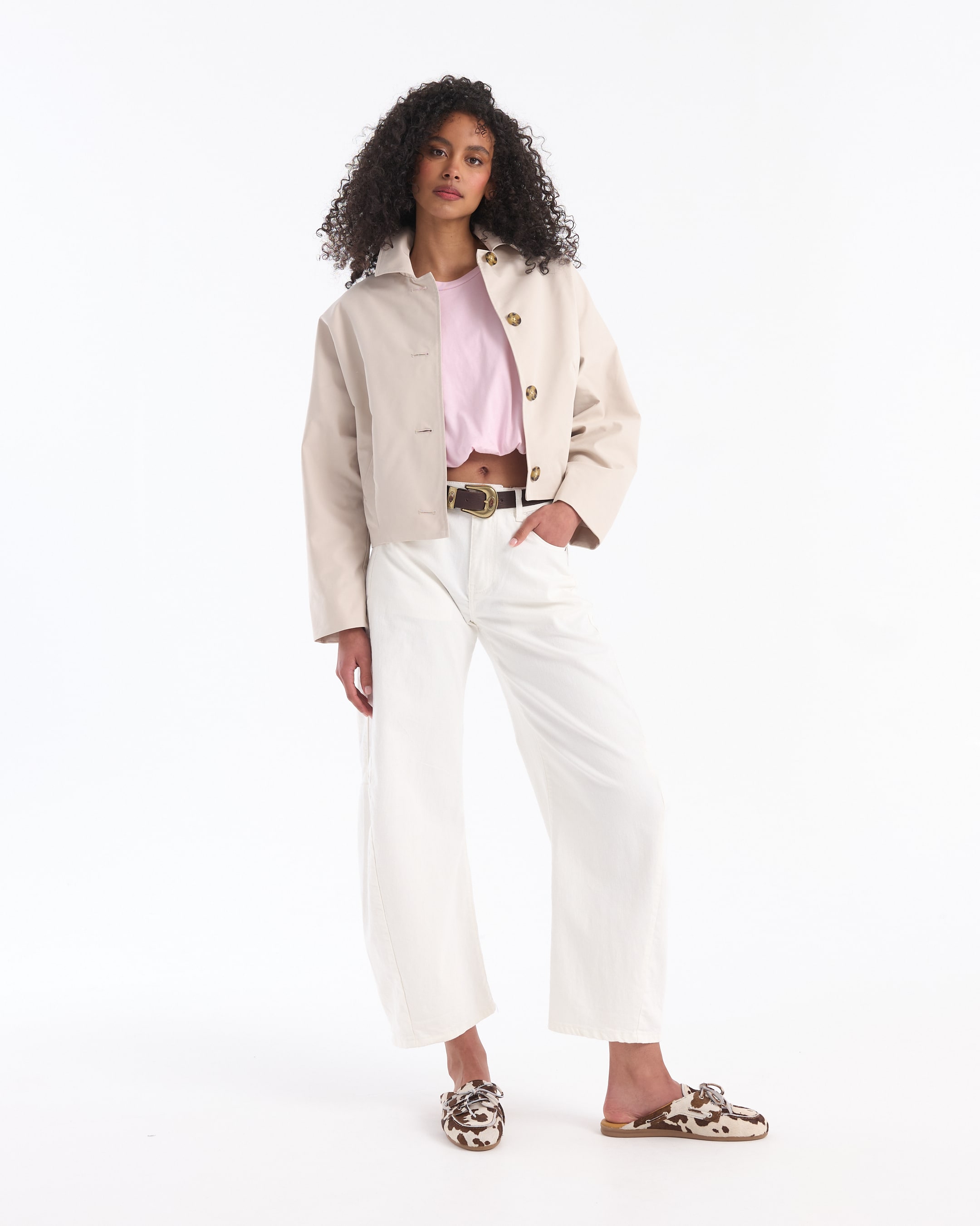 jacket, beige jacket, short jacket, casual wear, belted jeans