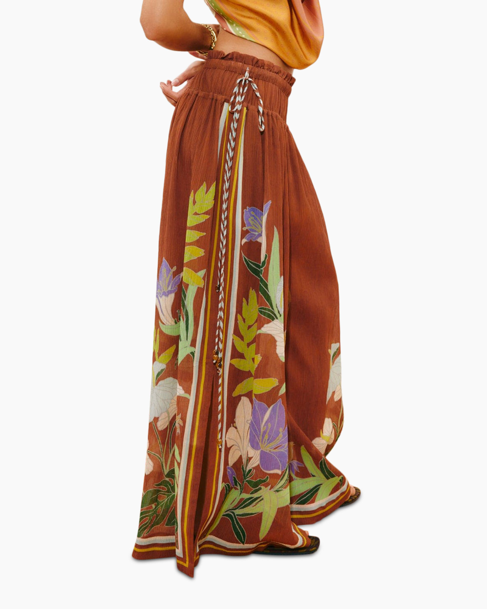 maxi skirt, floral print, brown color, drawstring waist, wide leg