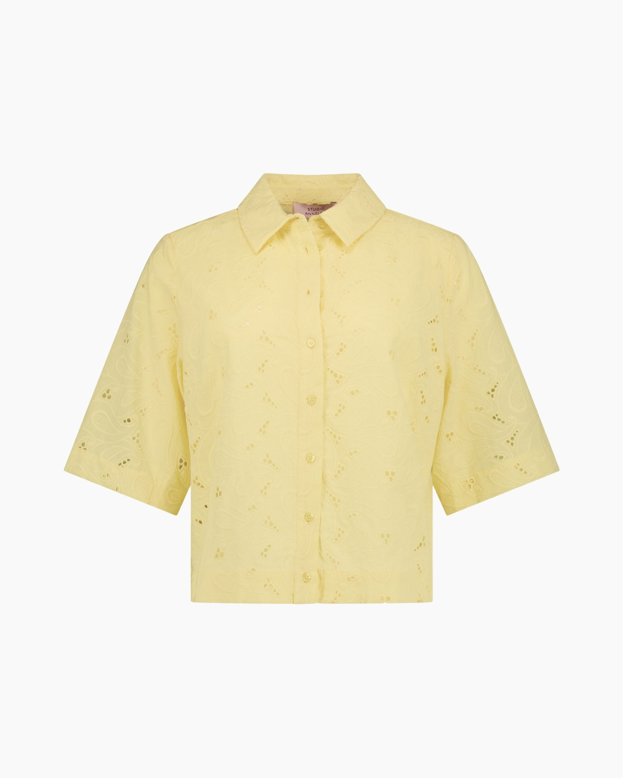 short-sleeve, button-down, lace, yellow, collared shirt