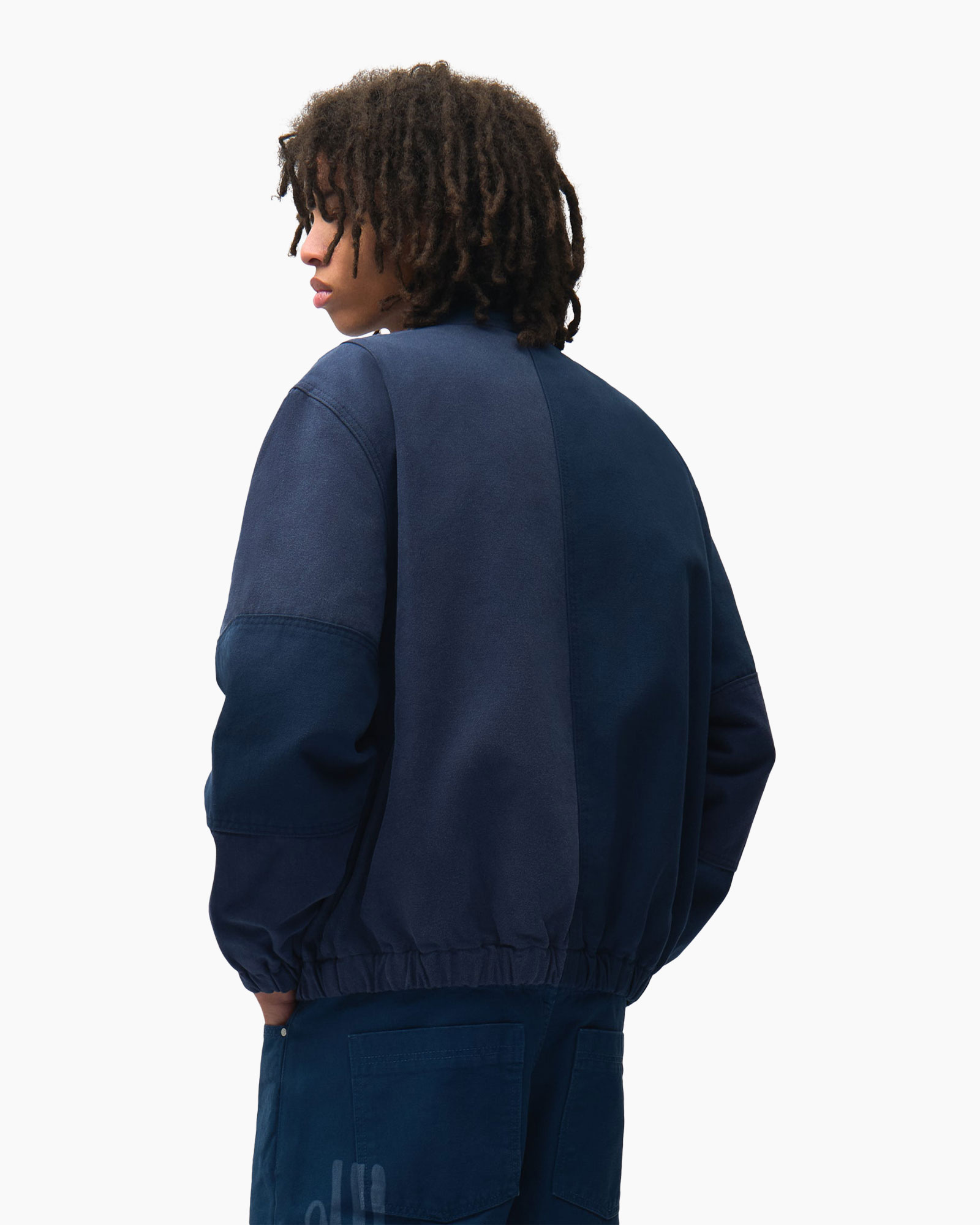 jacket, bomber, navy, long sleeves, solid color