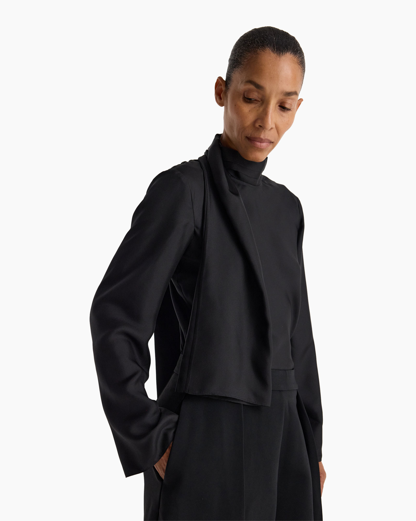 black, jacket, long-sleeve, mock-neck, minimal