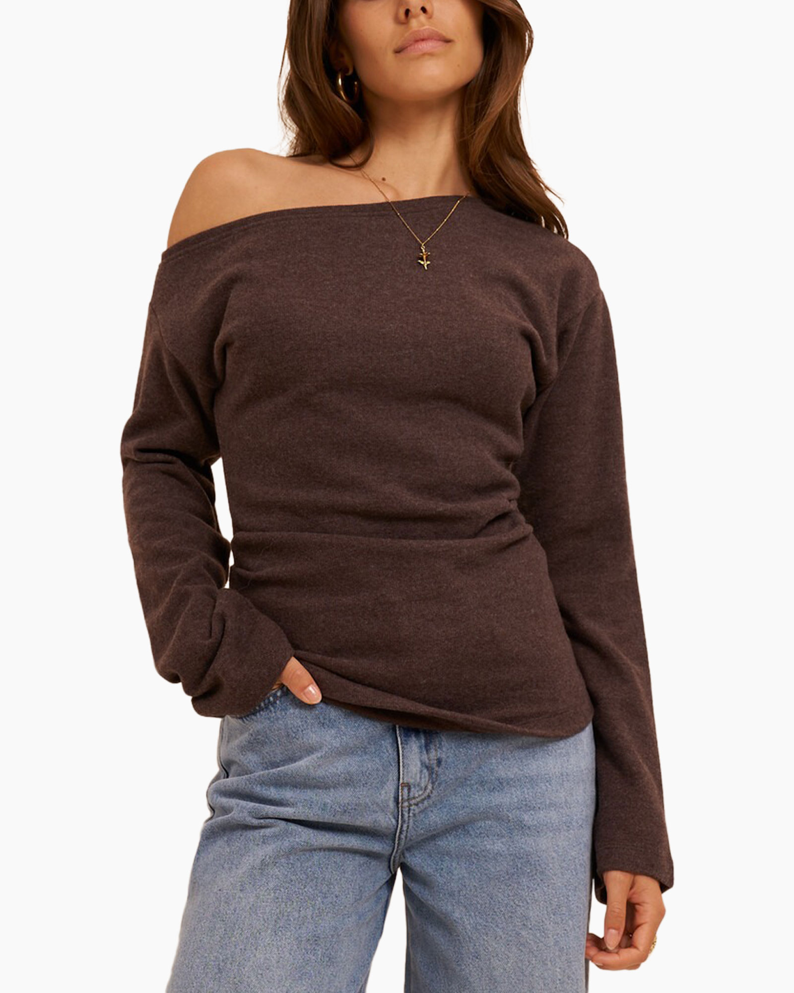 off-shoulder, sweater, brown, long-sleeve, knit top