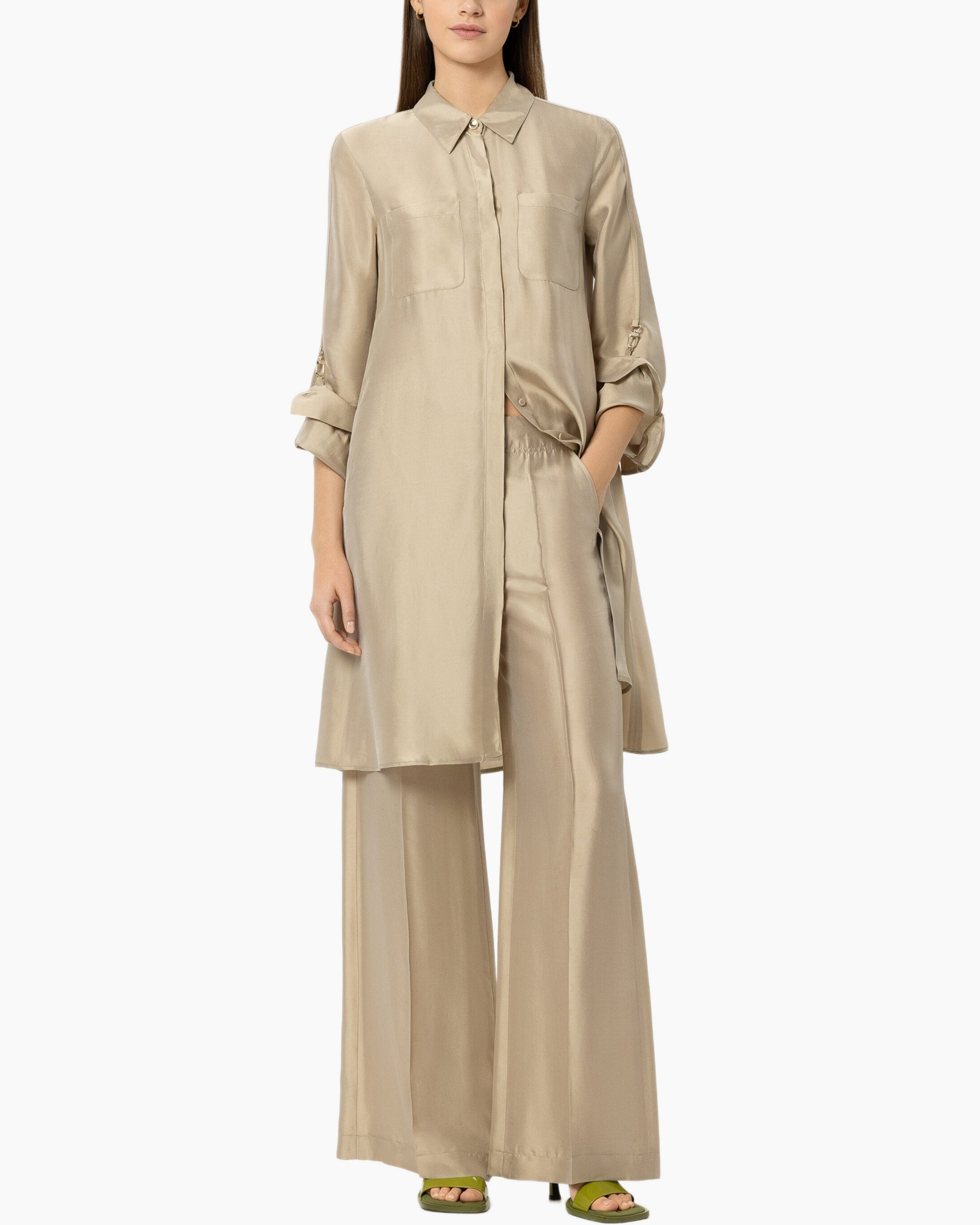 beige, shirt-dress, long-sleeve, pockets, wide-leg-pants