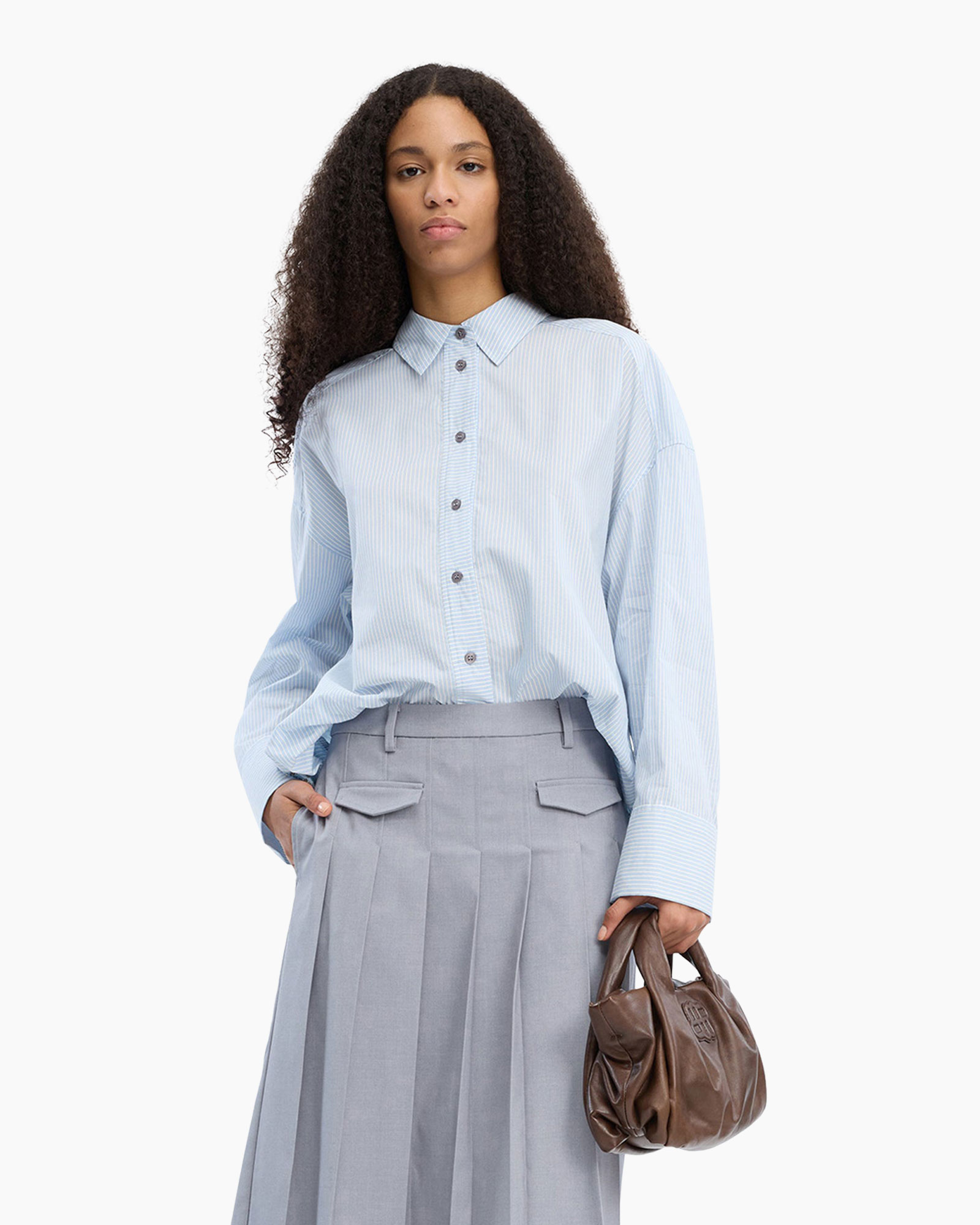 shirt, blue striped, collared, button-down, pocketless?