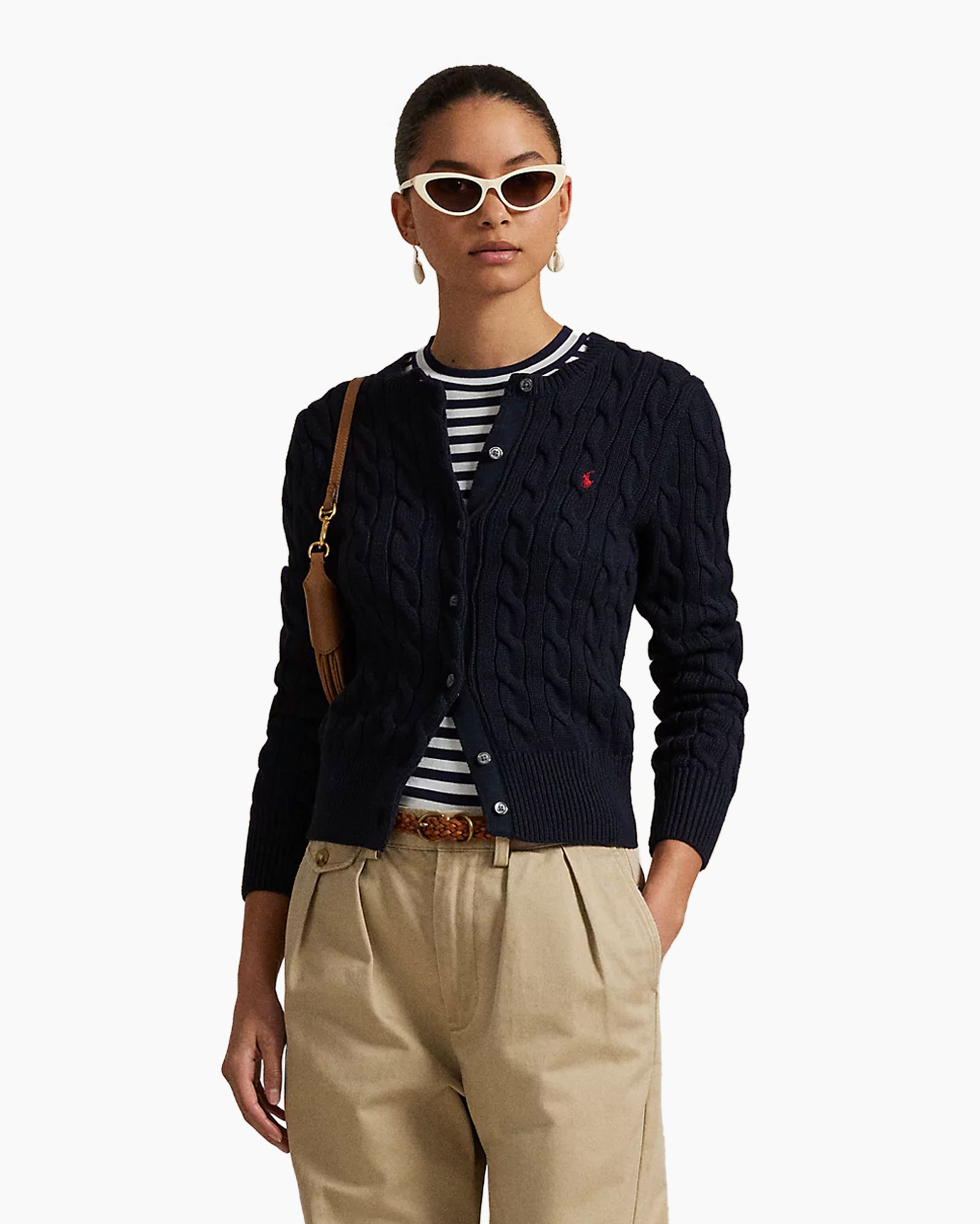 cardigan,  cable knit, navy, buttoned, striped undershirt