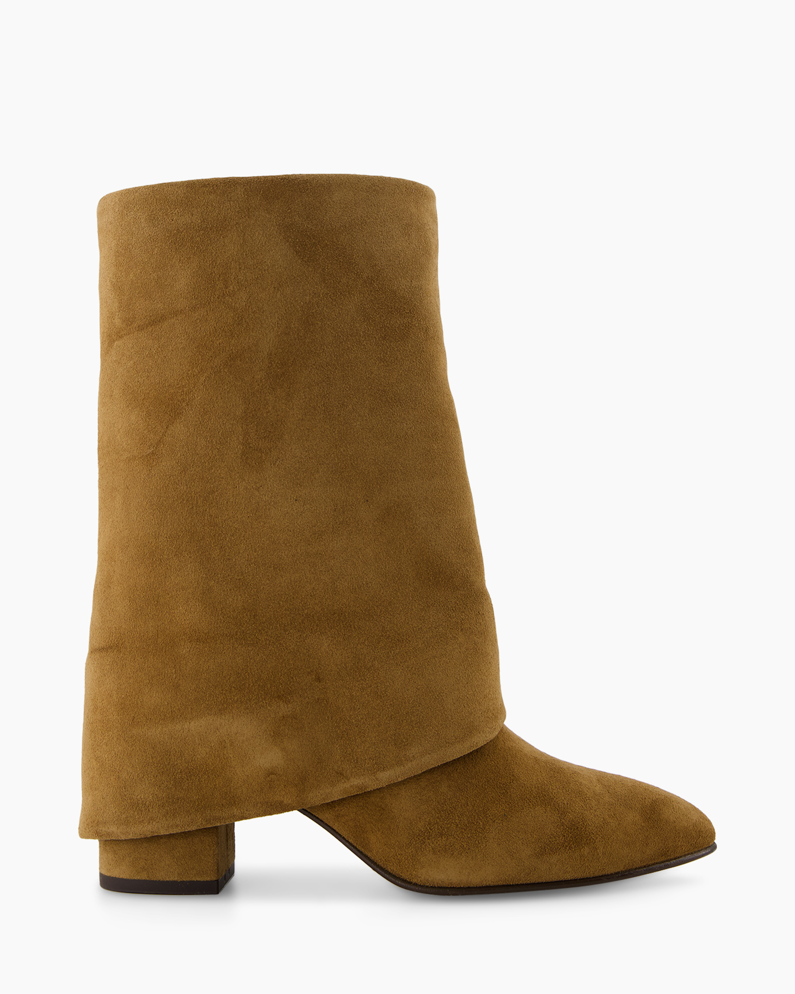 ankle boot,  suede,  brown,  mid heel,  knee-high?, note: image shows mid-calf boot with block heel
