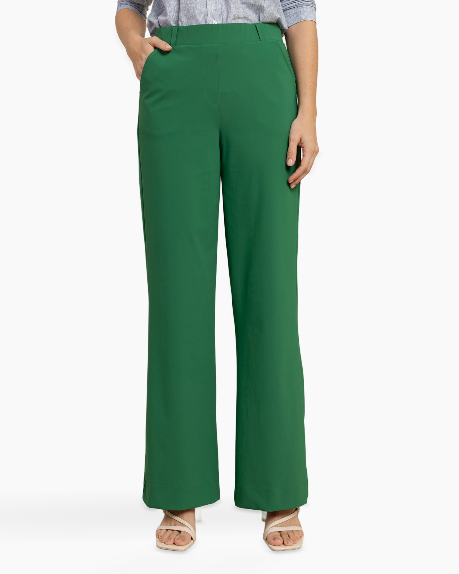 green pants, wide-leg, trousers, elastic-free?, pants length?