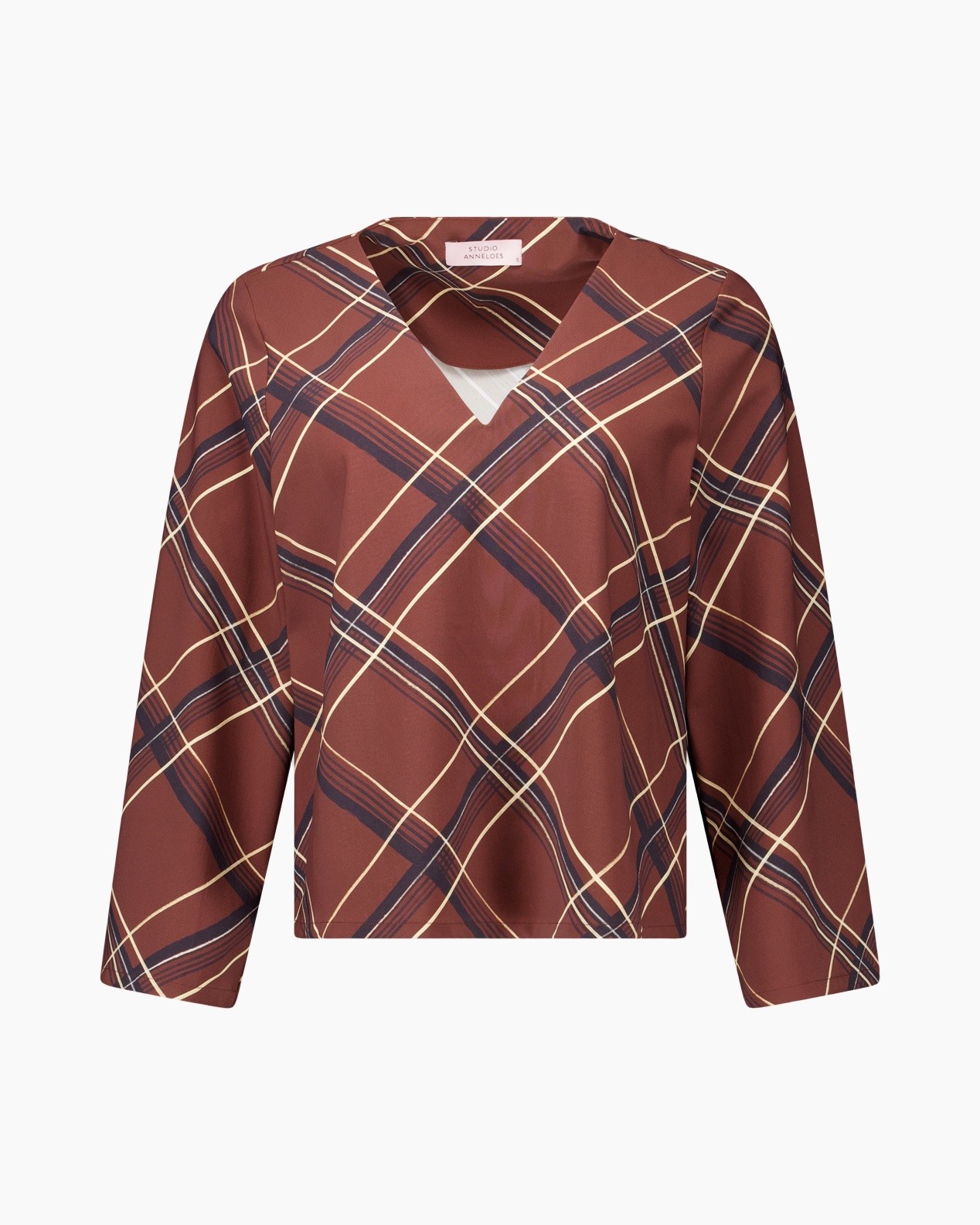 blouse, plaid, long sleeve, v-neck, brown