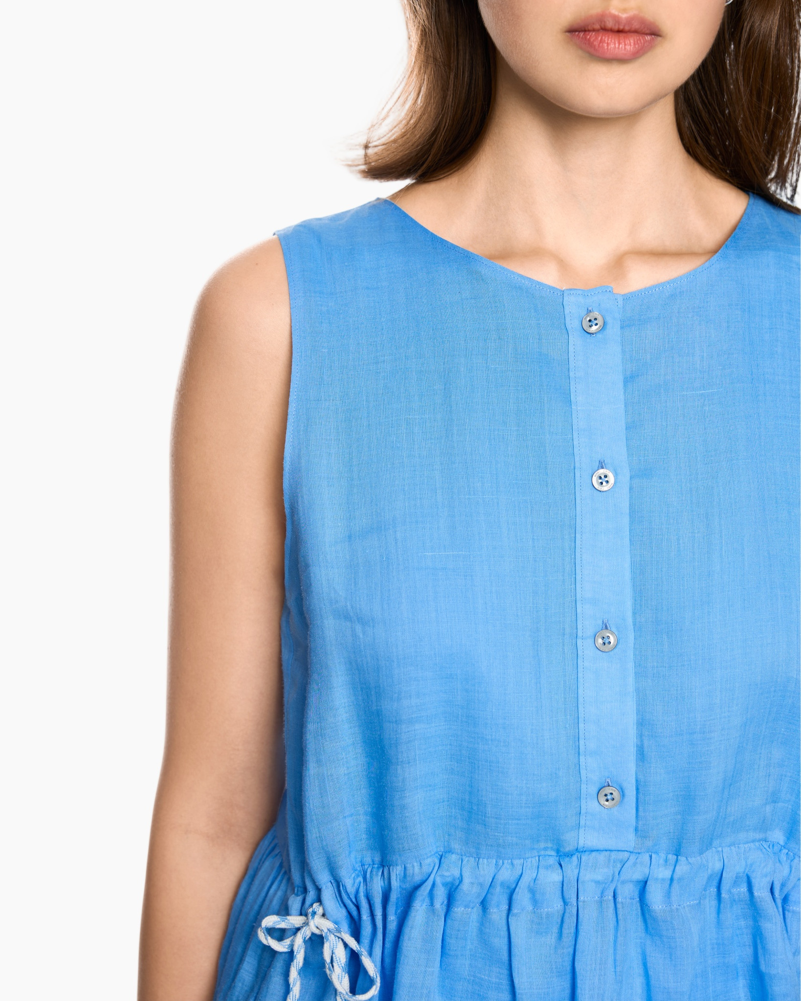 sleeveless, blue, linen, buttoned, drawstring