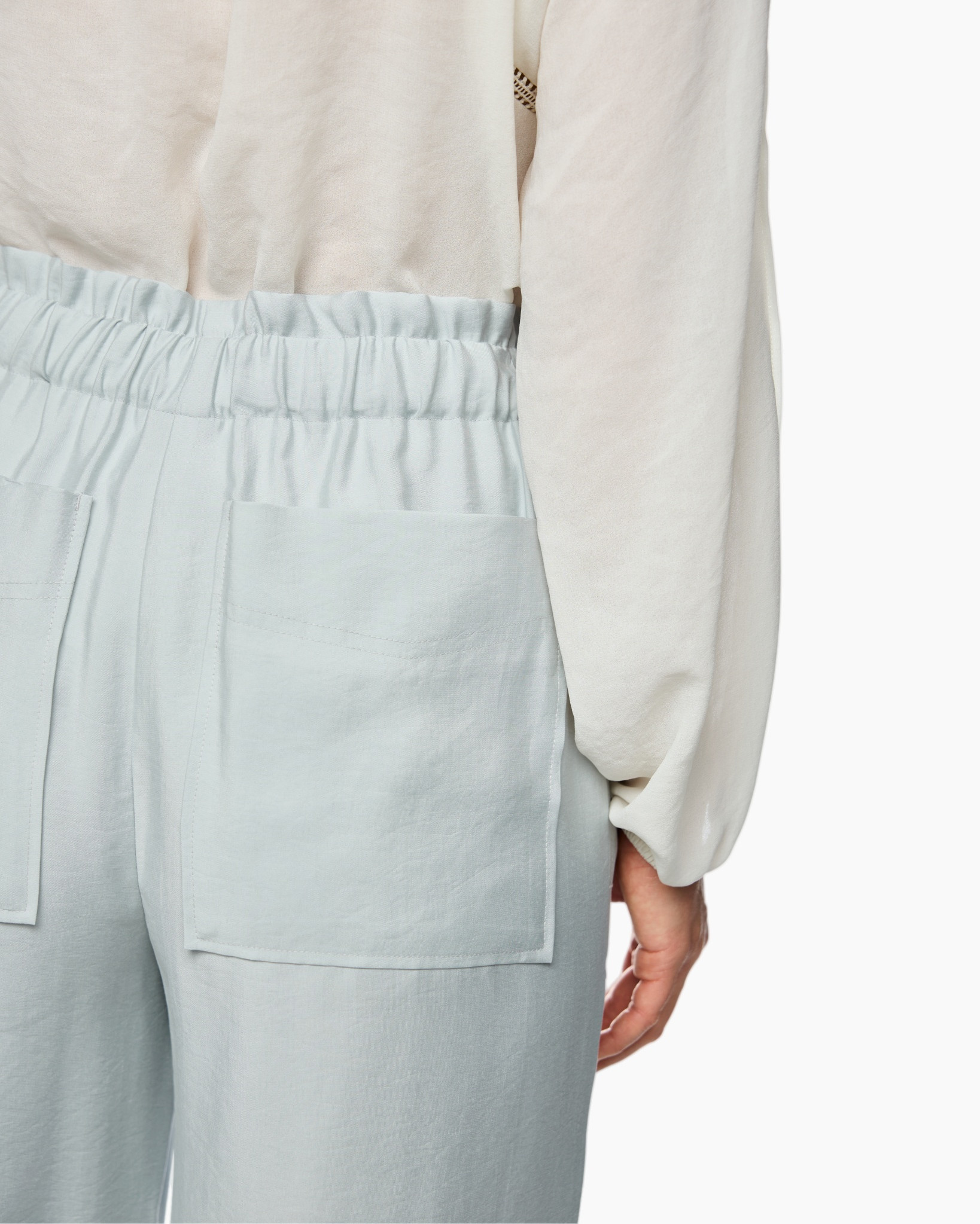 pants, light blue, elastic waist, back pockets, loose fit