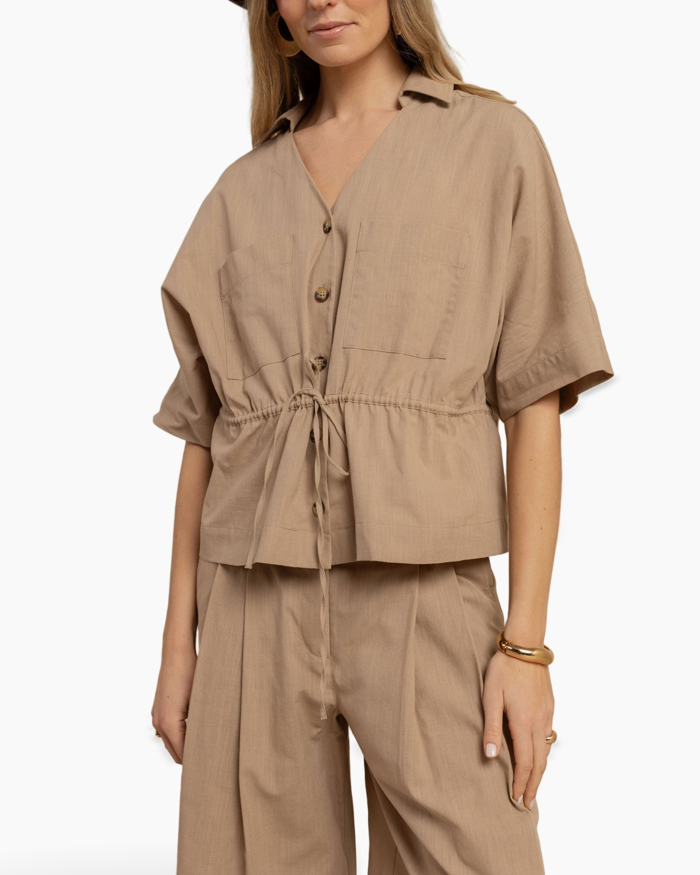 beige, short-sleeve, tie-front, button-up, blouse