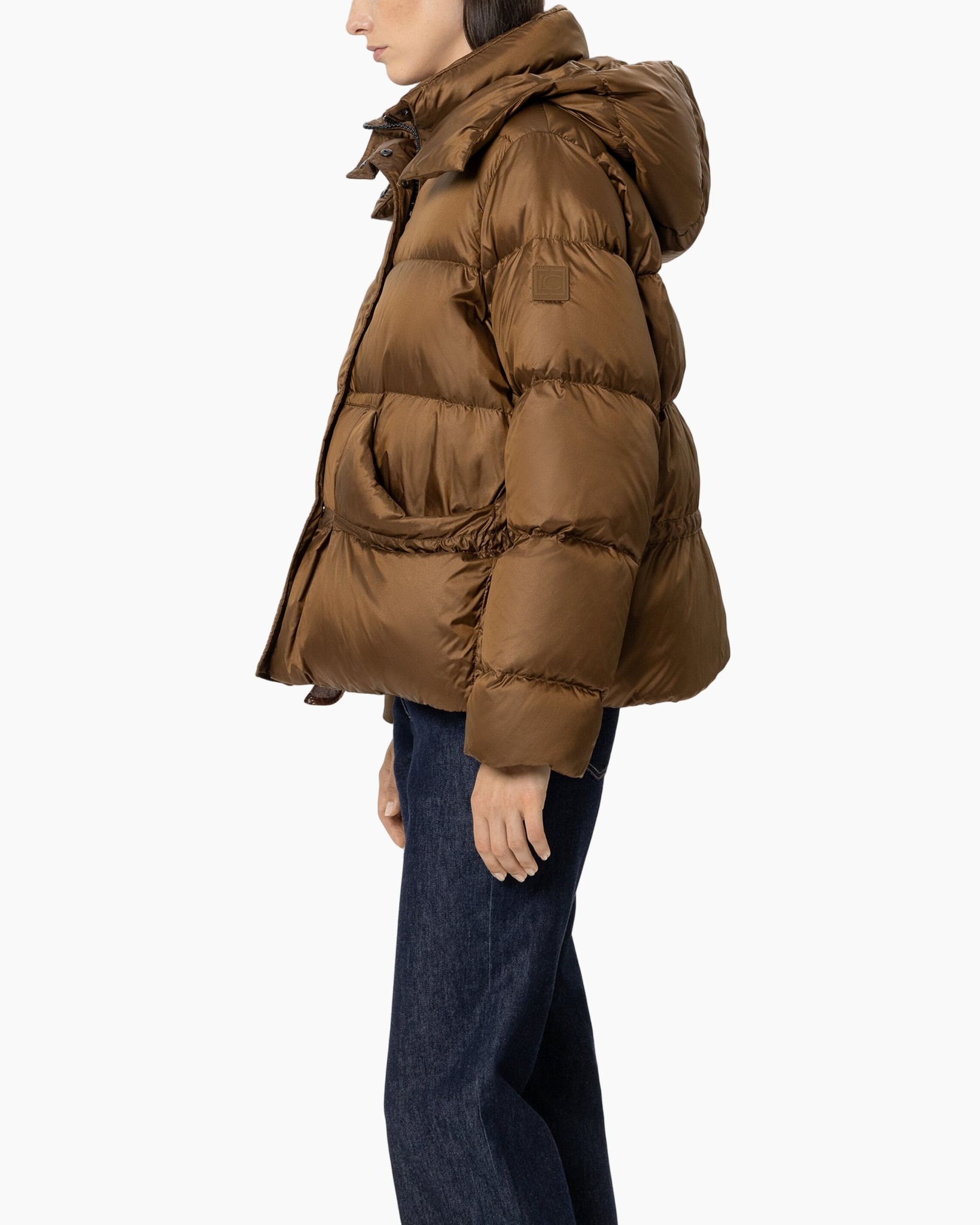 puffer jacket, brown, hooded, quilted, short length