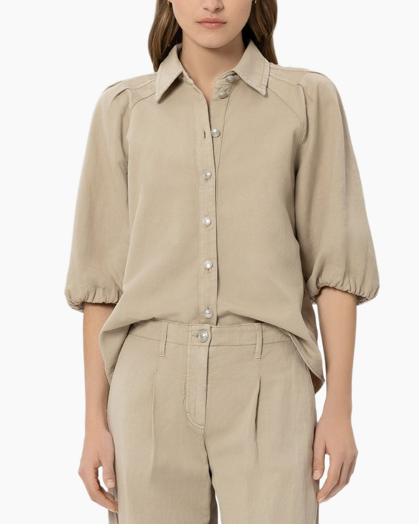 shirt, button-up, beige, puff-sleeve, collared