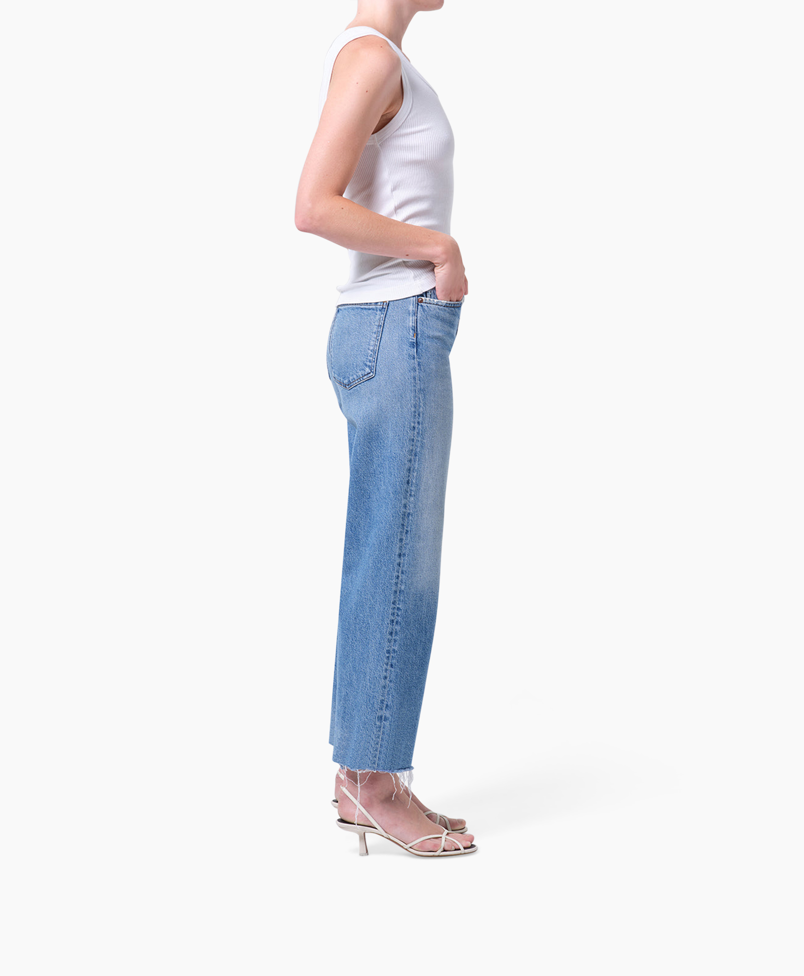 tank top, white top, jeans, wide leg, frayed hem