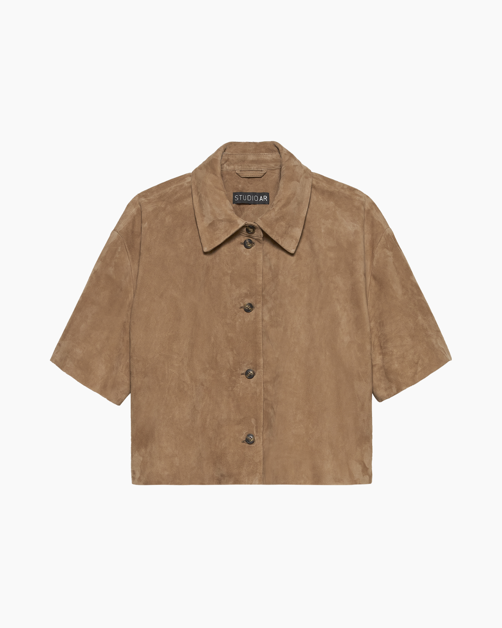 suede, short-sleeve, button-front, collar shirt, tan