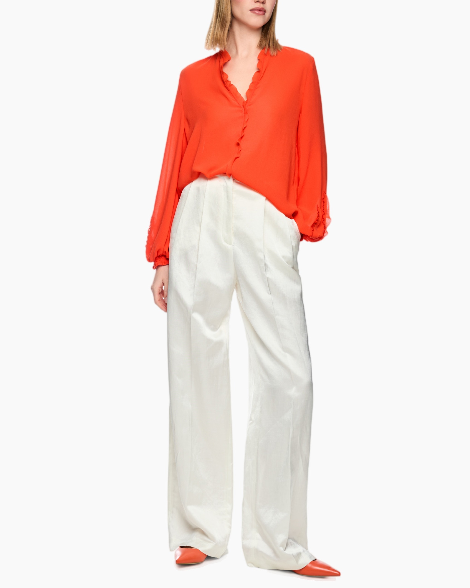 orange blouse, ruffled neckline, long sleeves, wide leg pants, orange shoes
