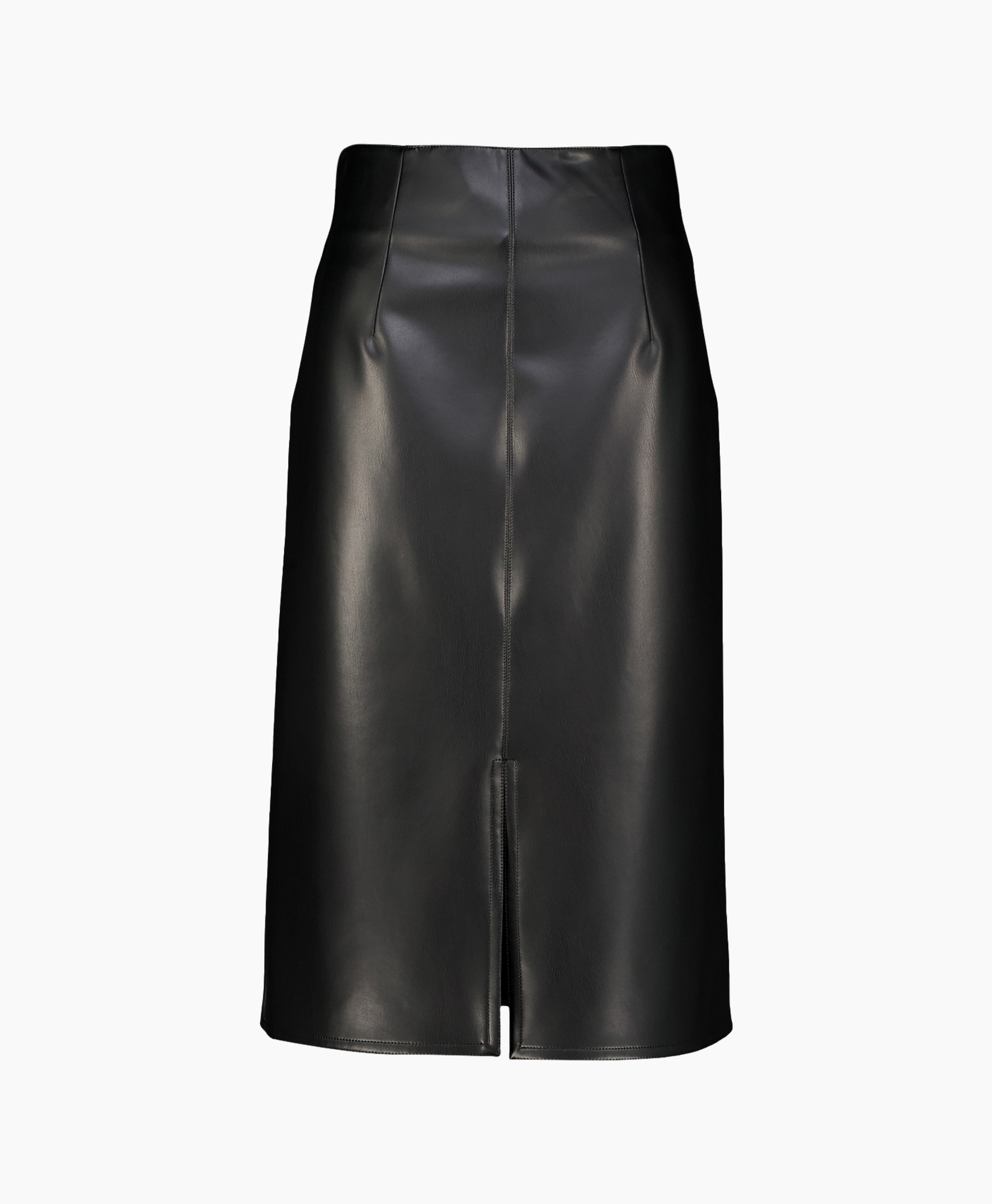 skirt, leather, black, mid-length, slit