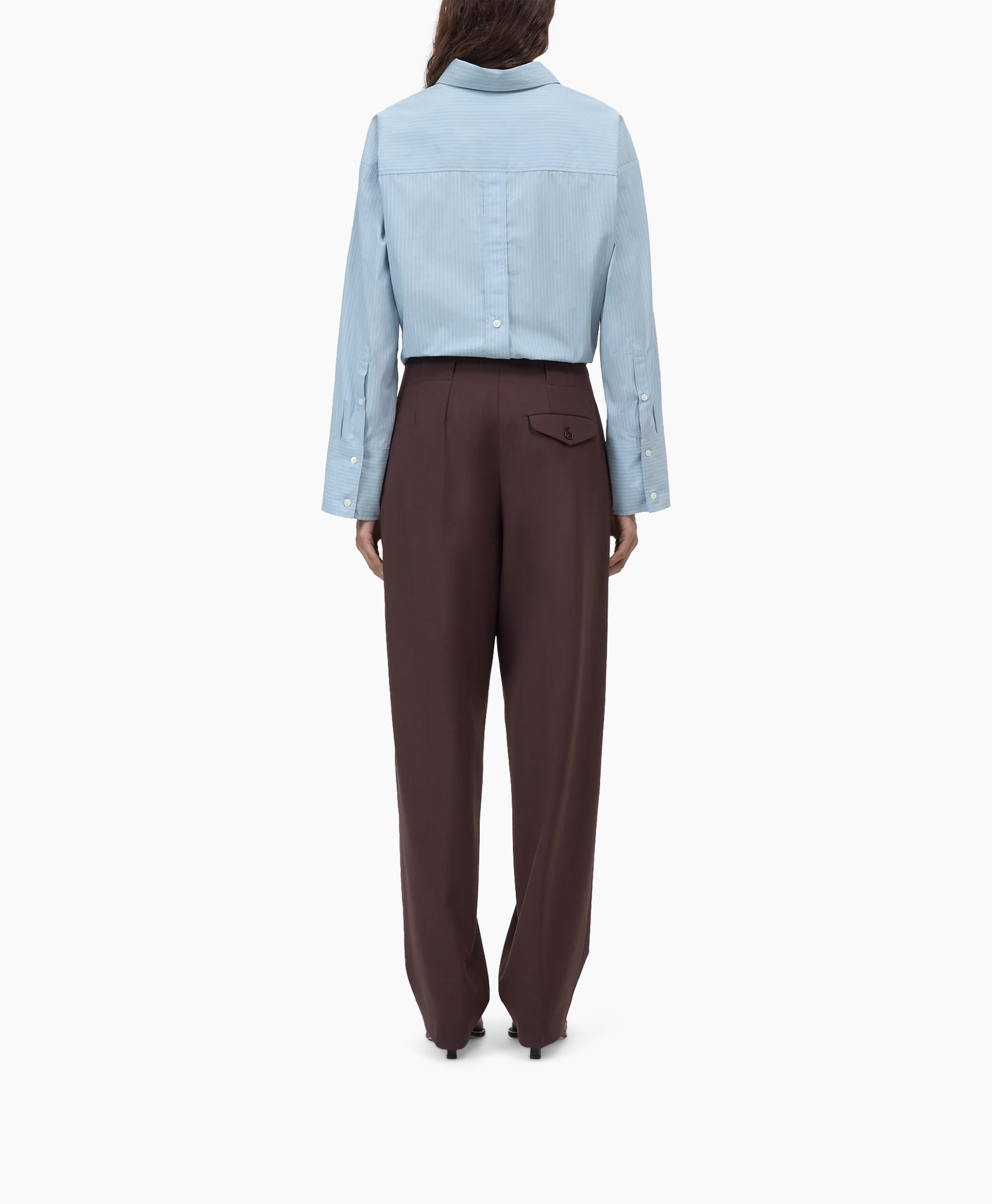 buttoned shirt, back view, light blue, collared shirt, wide leg pants