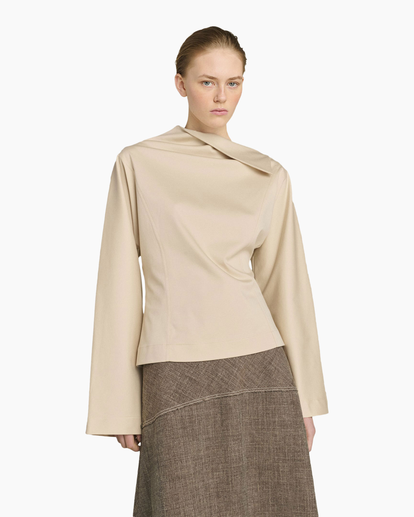 beige top, long sleeves, asymmetric collar, blouse, solid color