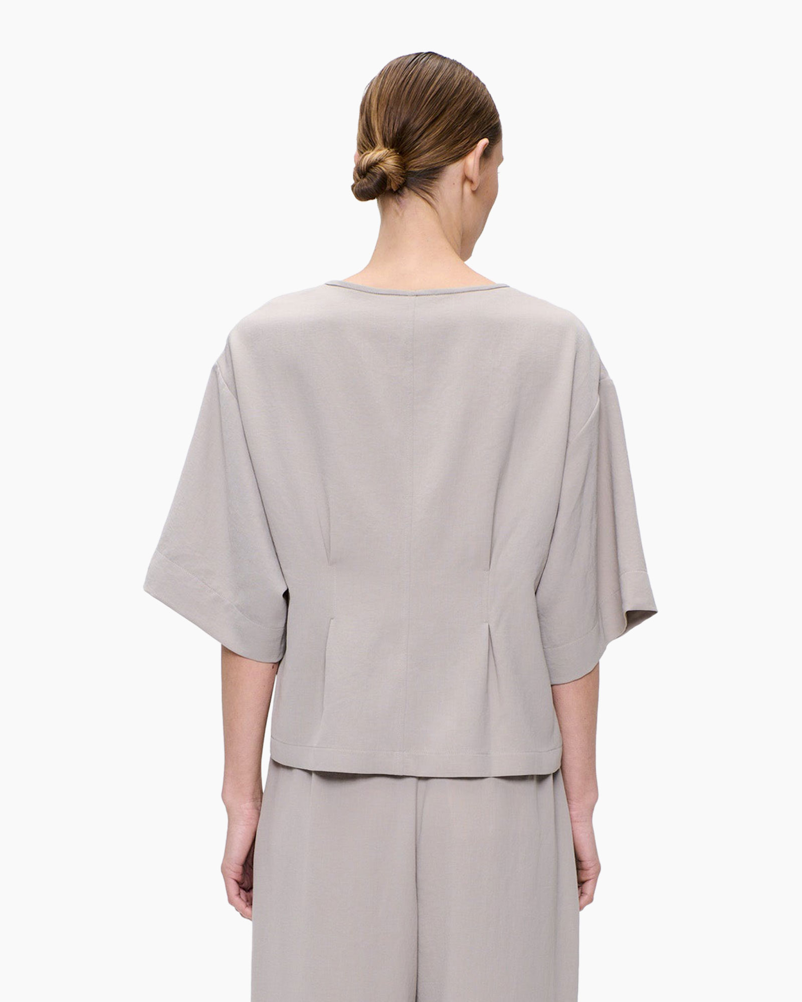 short-sleeve, loose-fit, taupe, top, pleated-back
