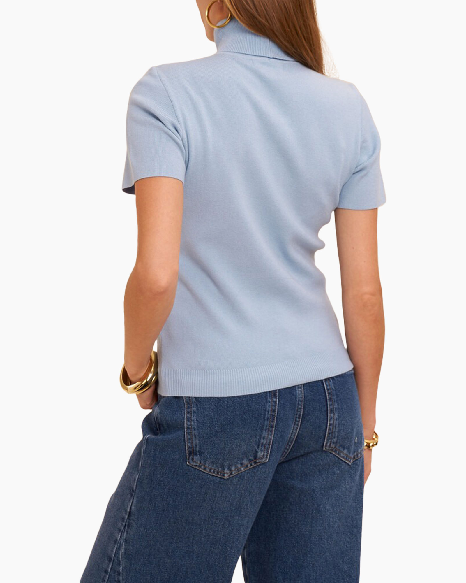 t-shirt, short sleeve, light blue, knit, back view