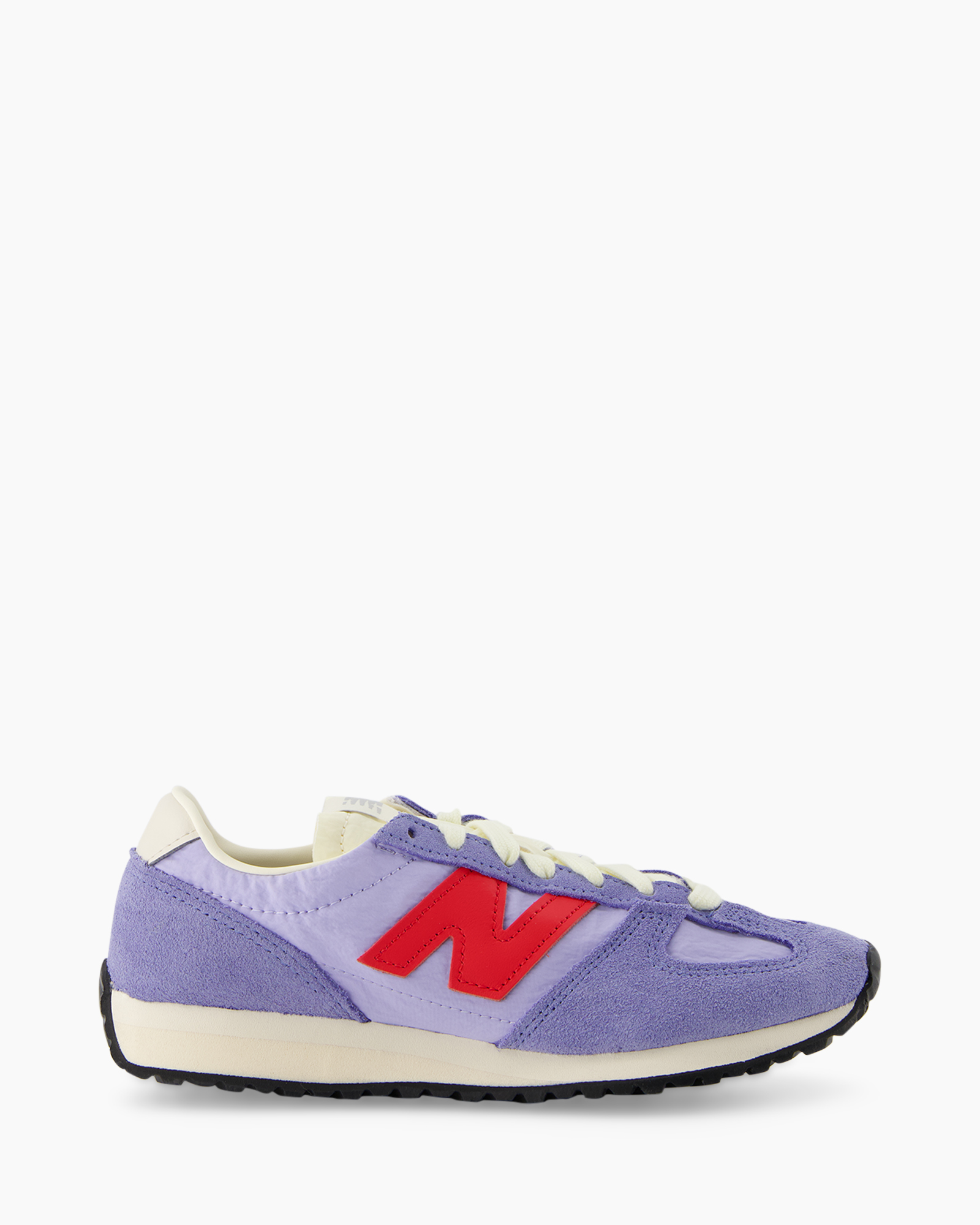 sneaker, purple, suede, red logo, laces