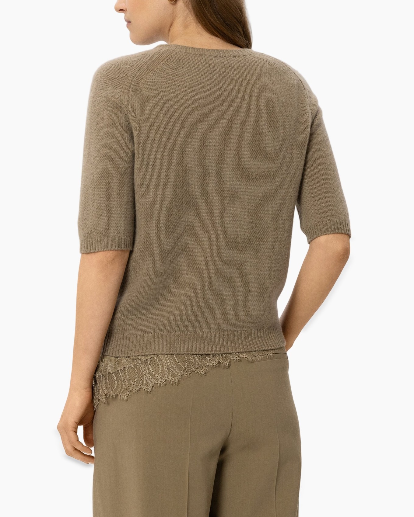 knit sweater, short sleeves, beige, back view, lace hem