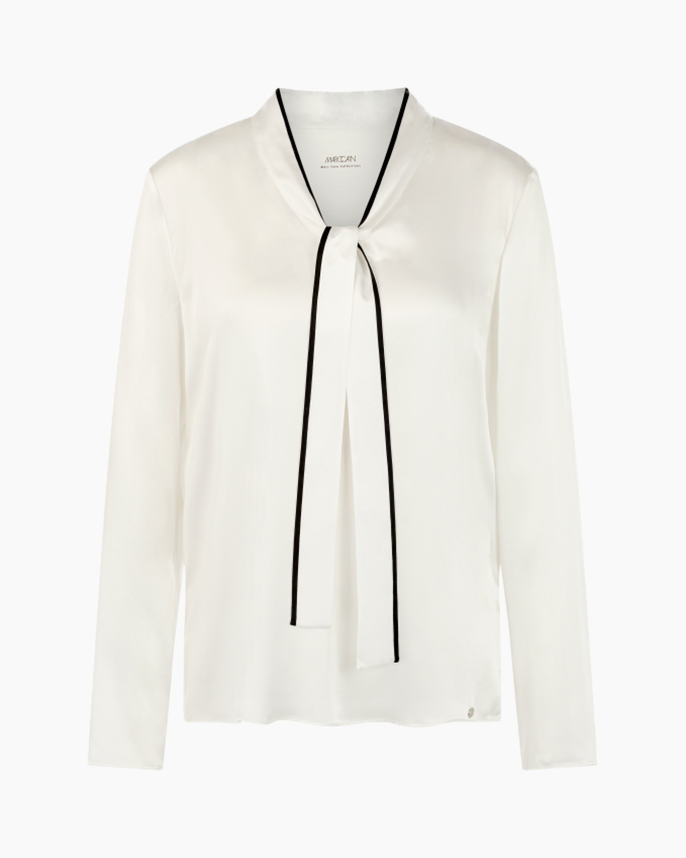 white blouse, tie-neck, long sleeves, buttonless placket, silk-like