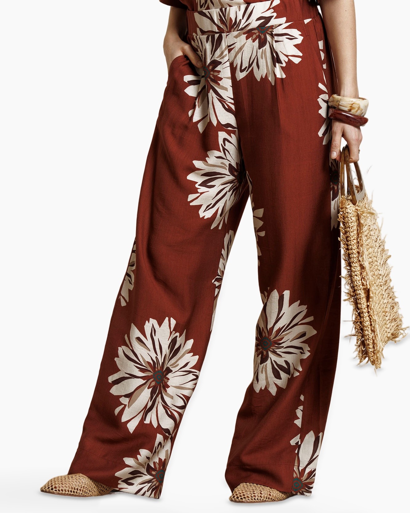 wide-leg pants, floral pattern, terra cotta, linen look, summer pants