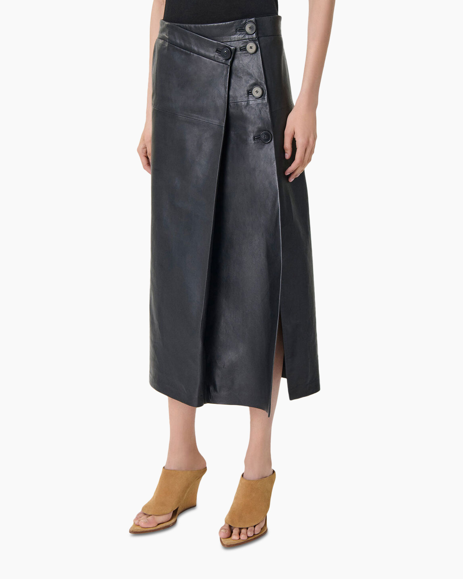 skirt, leather, mid-length, buttoned, slit
