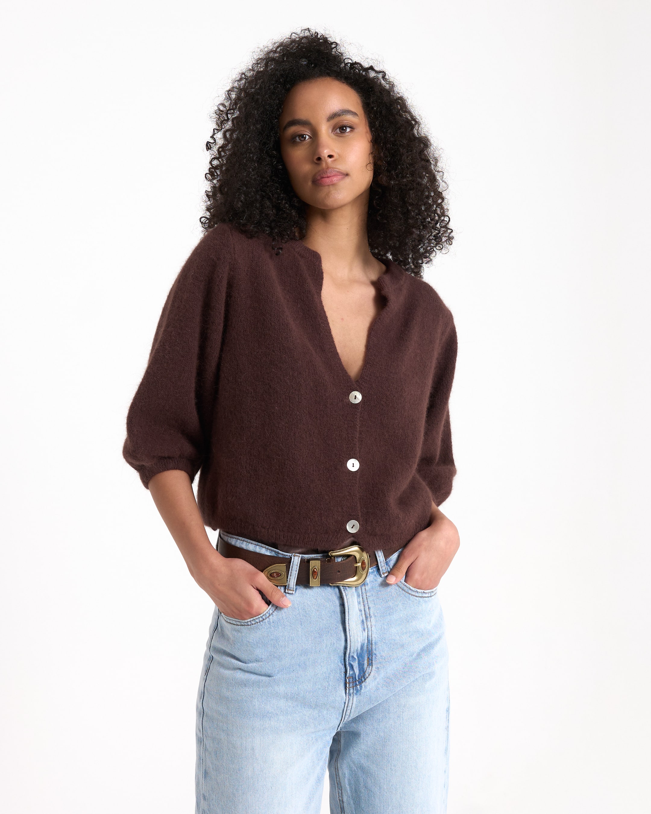 cardigan, brown, knit, buttons, long-sleeve
