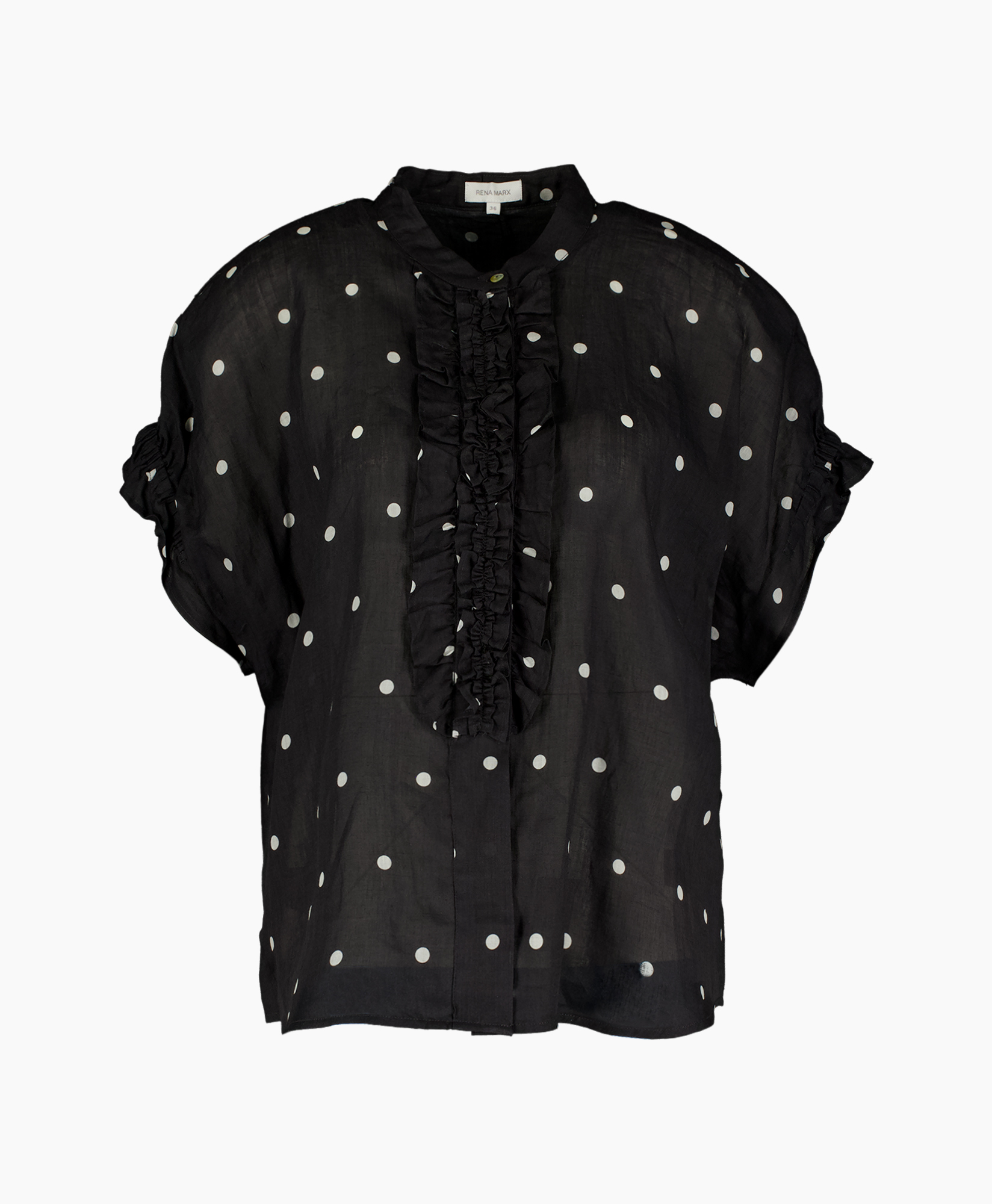 polka dot, black blouse, ruffled front, short sleeves, button placket