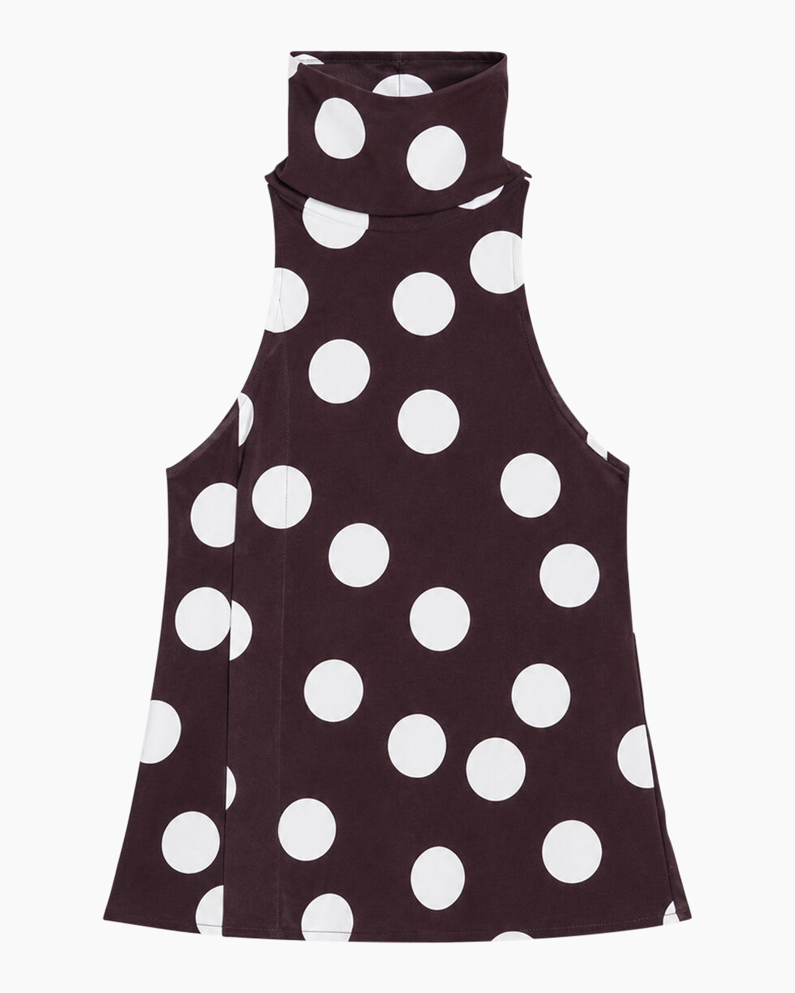 polka dot dress, sleeveless dress, turtleneck, purple, white dots