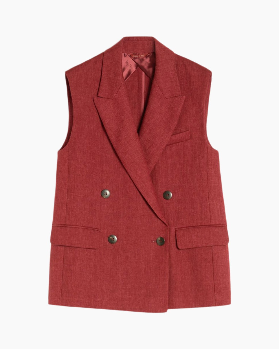 vest, double-breasted, red, linen-like, pocketed