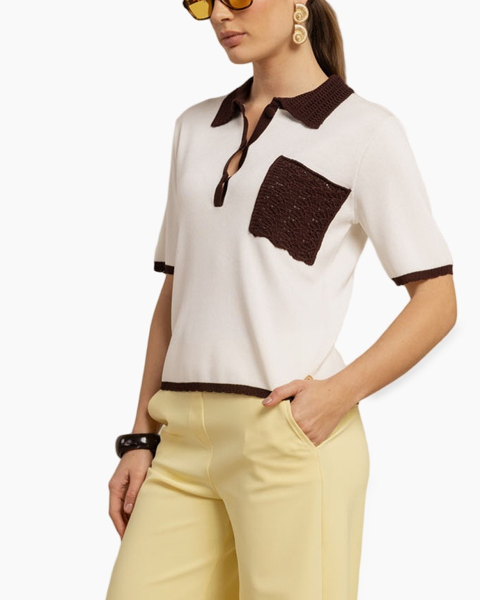 collared polo, short sleeve, pocket detail, colorblock, contrast trim