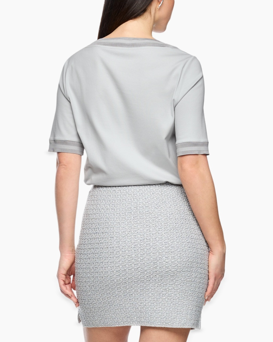 top, short sleeve, light gray, crew neck, twisted texture skirt