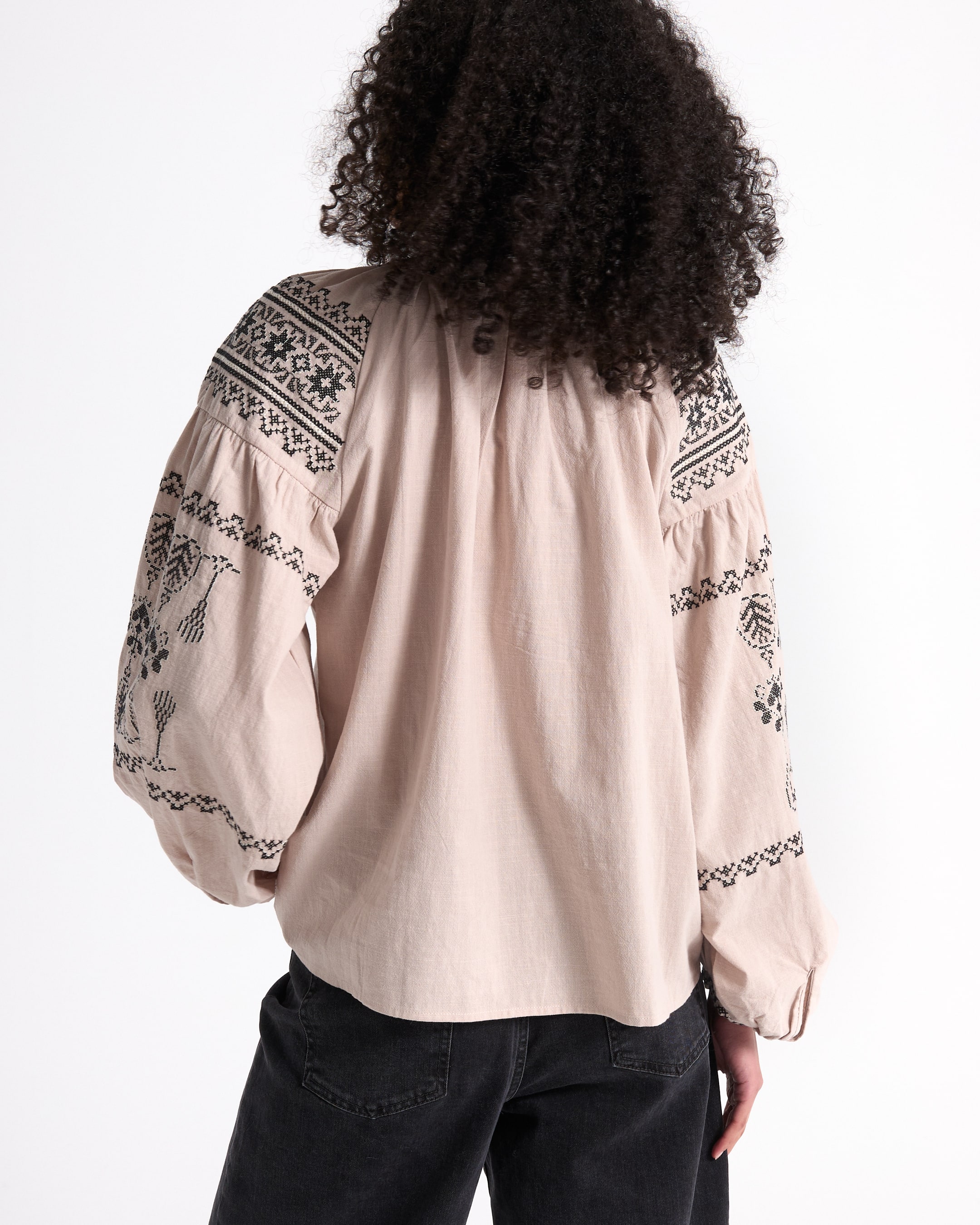 blouse, embroidery, puff sleeves, beige, linen